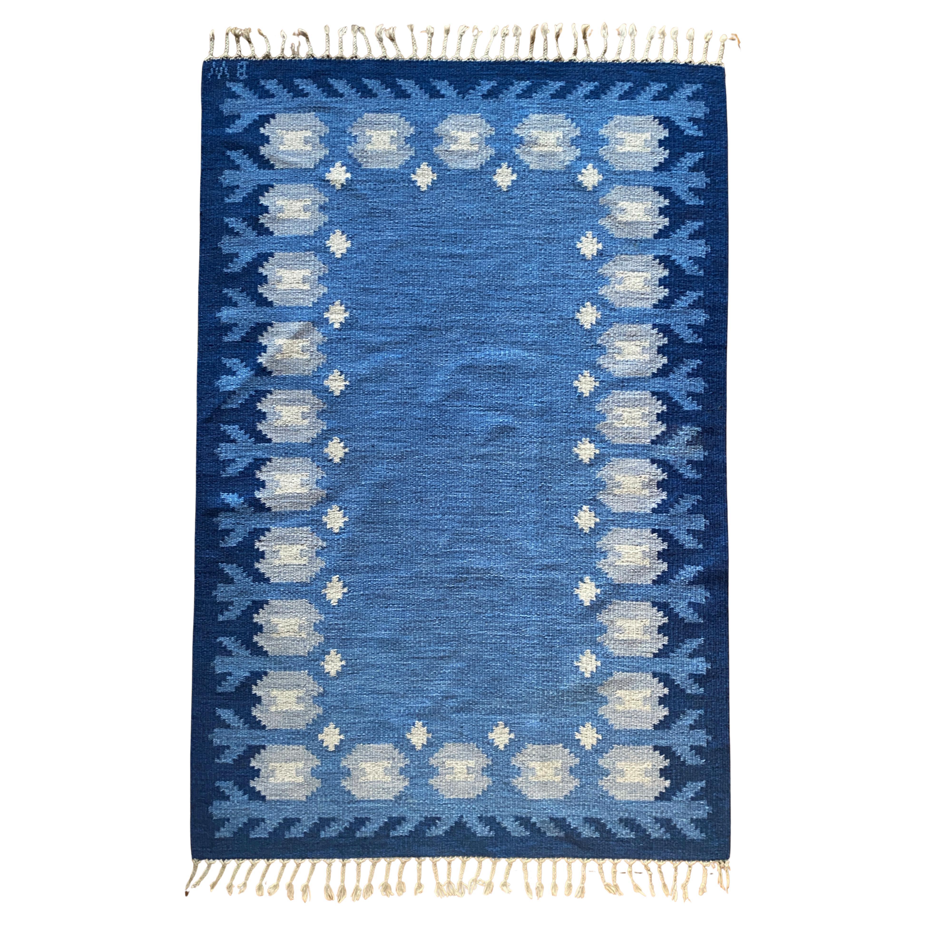Scandinavian Modern Blue Rölakan Flatweave Rug by Berit Koenig Woelfer Sweden