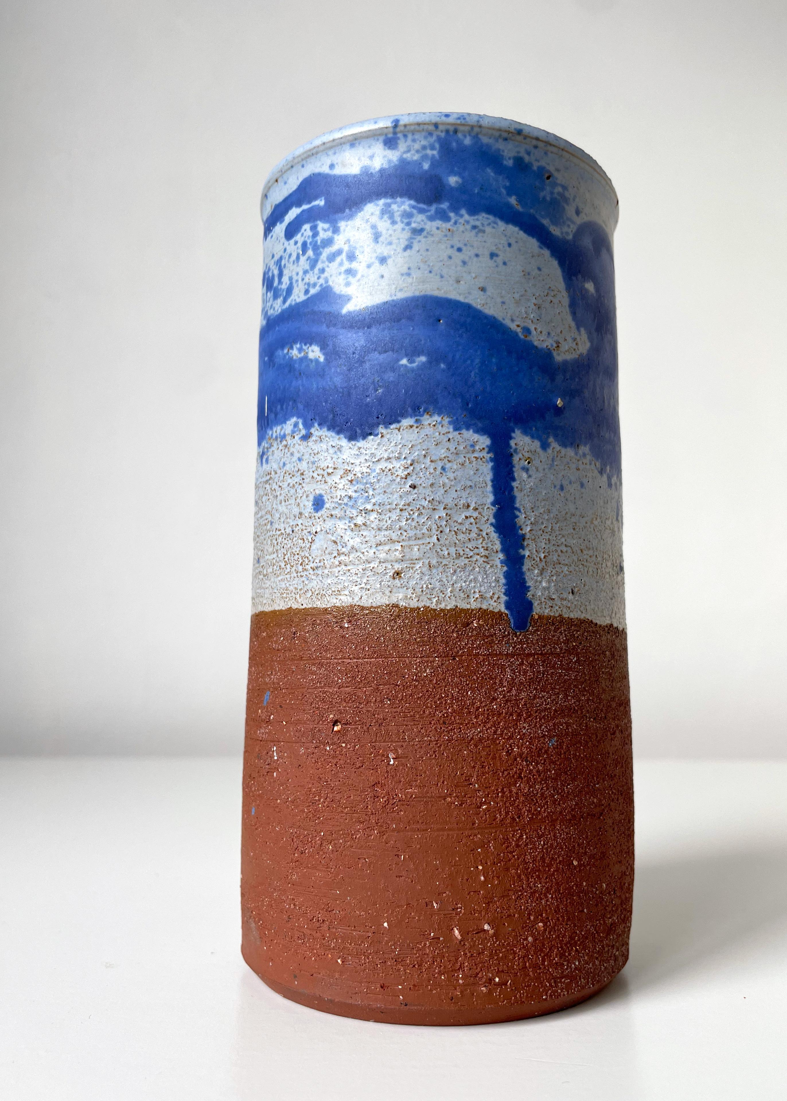 Scandinavian Modern 1960s Blue Splash Decor Ceramic Cylinder Vase For Sale 5