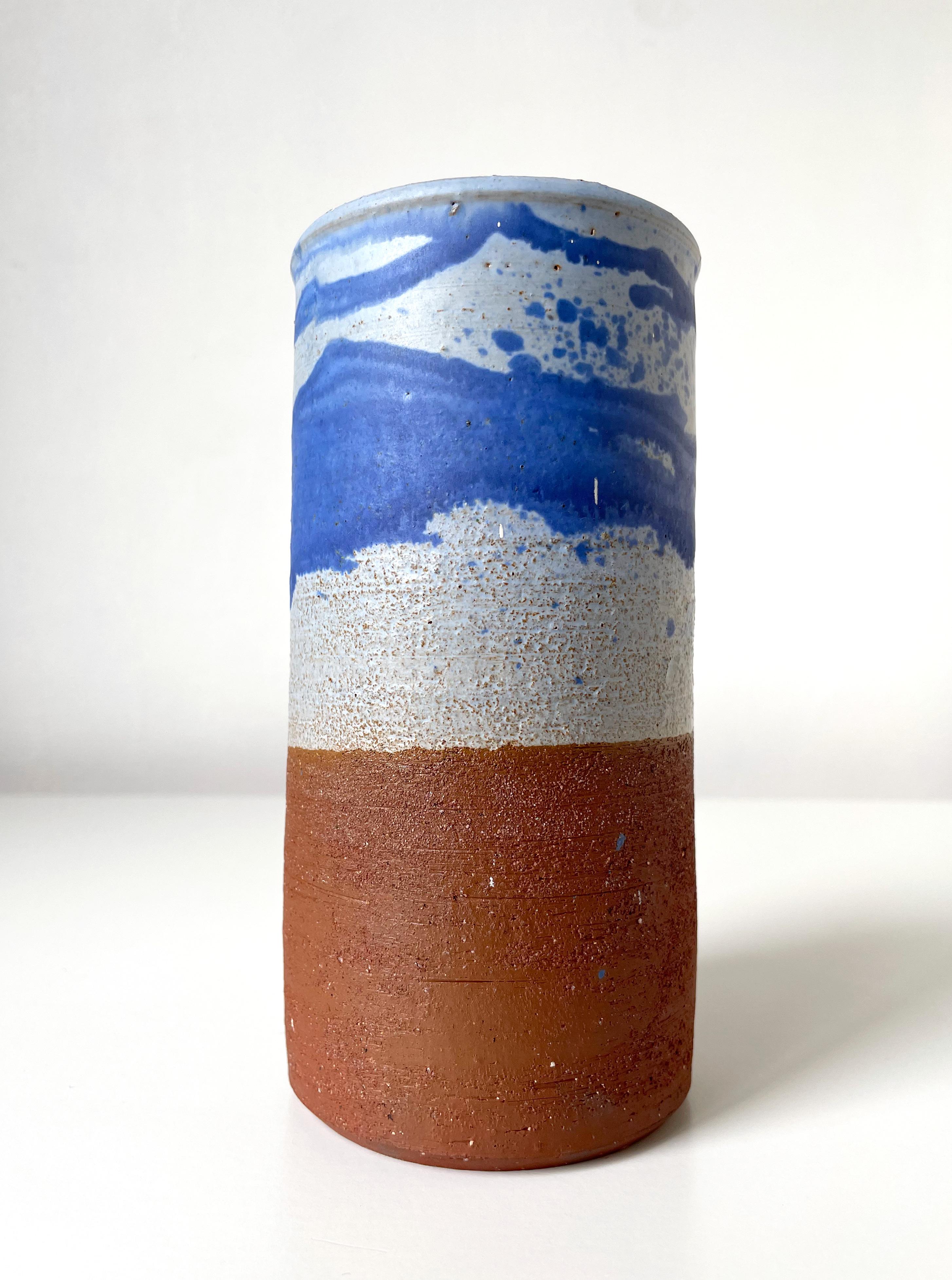 Unglazed Scandinavian Modern 1960s Blue Splash Decor Ceramic Cylinder Vase For Sale