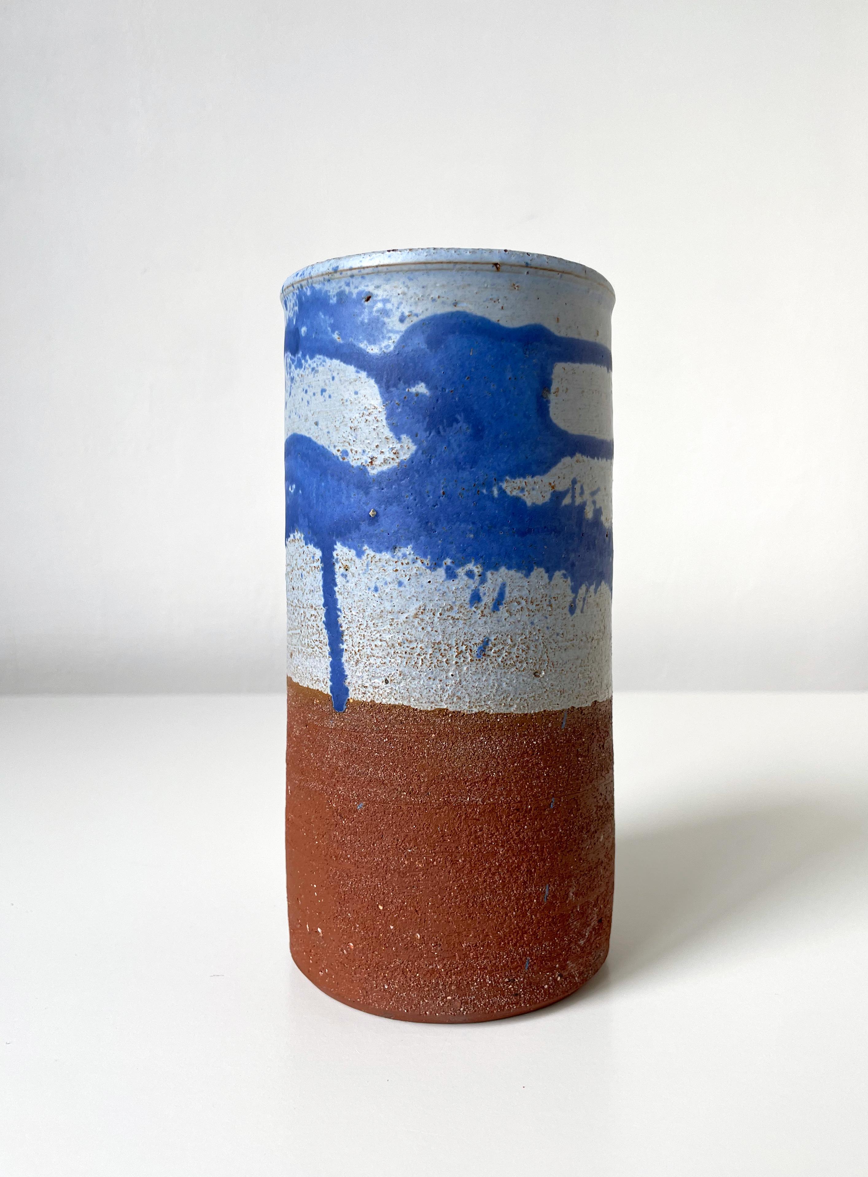 20th Century Scandinavian Modern 1960s Blue Splash Decor Ceramic Cylinder Vase For Sale