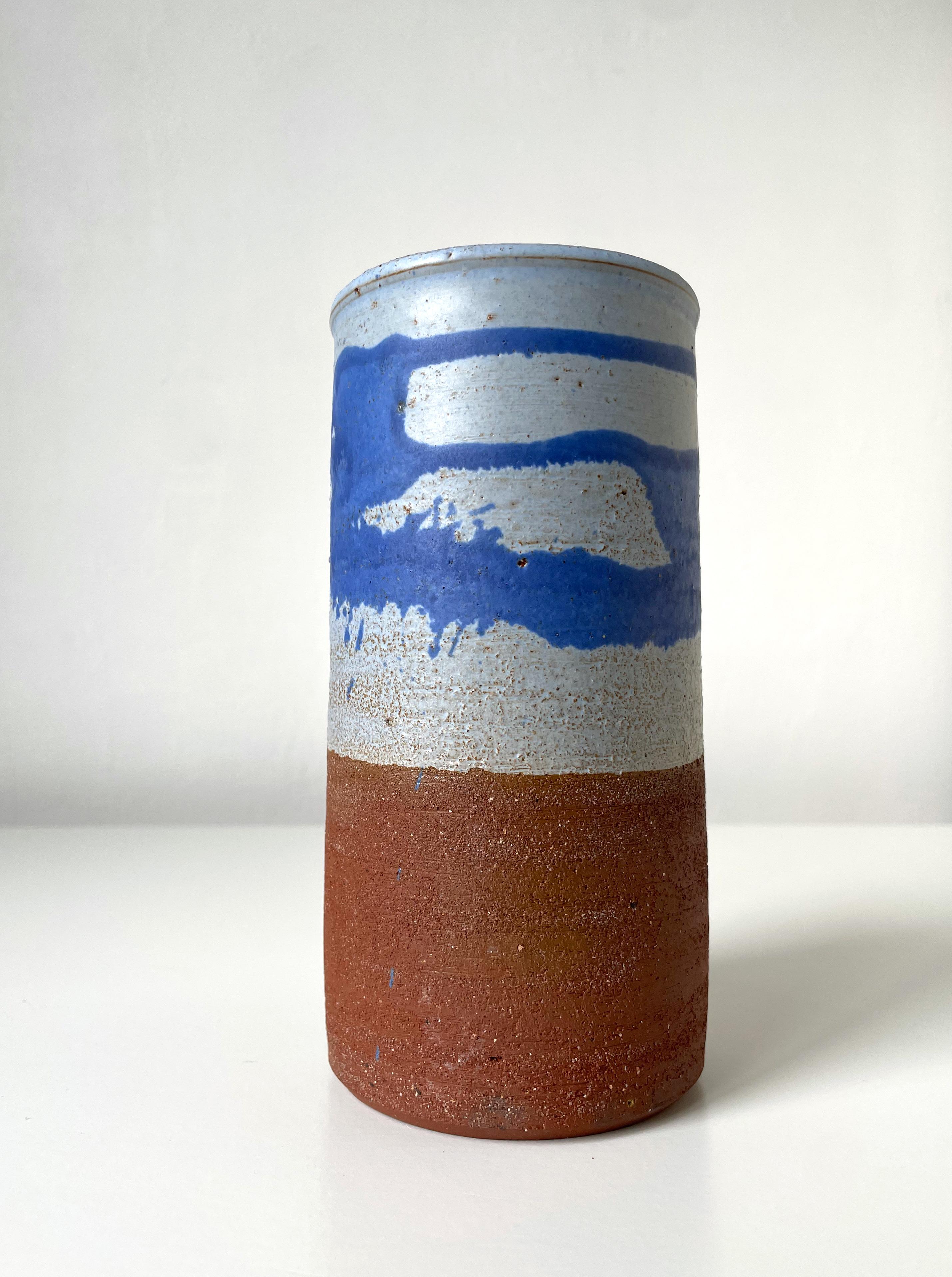 Stoneware Scandinavian Modern 1960s Blue Splash Decor Ceramic Cylinder Vase For Sale