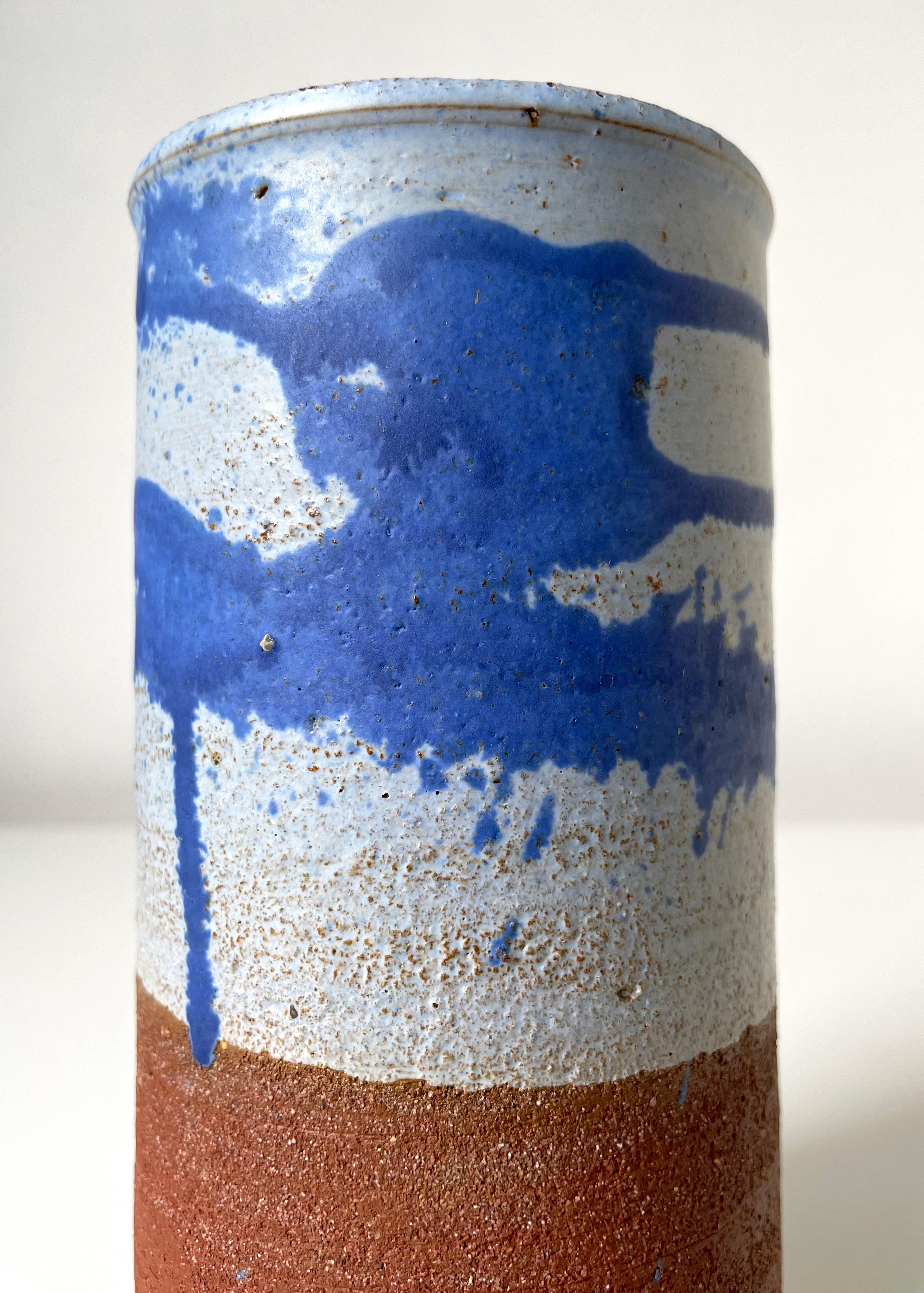 Scandinavian Modern 1960s Blue Splash Decor Ceramic Cylinder Vase For Sale 3