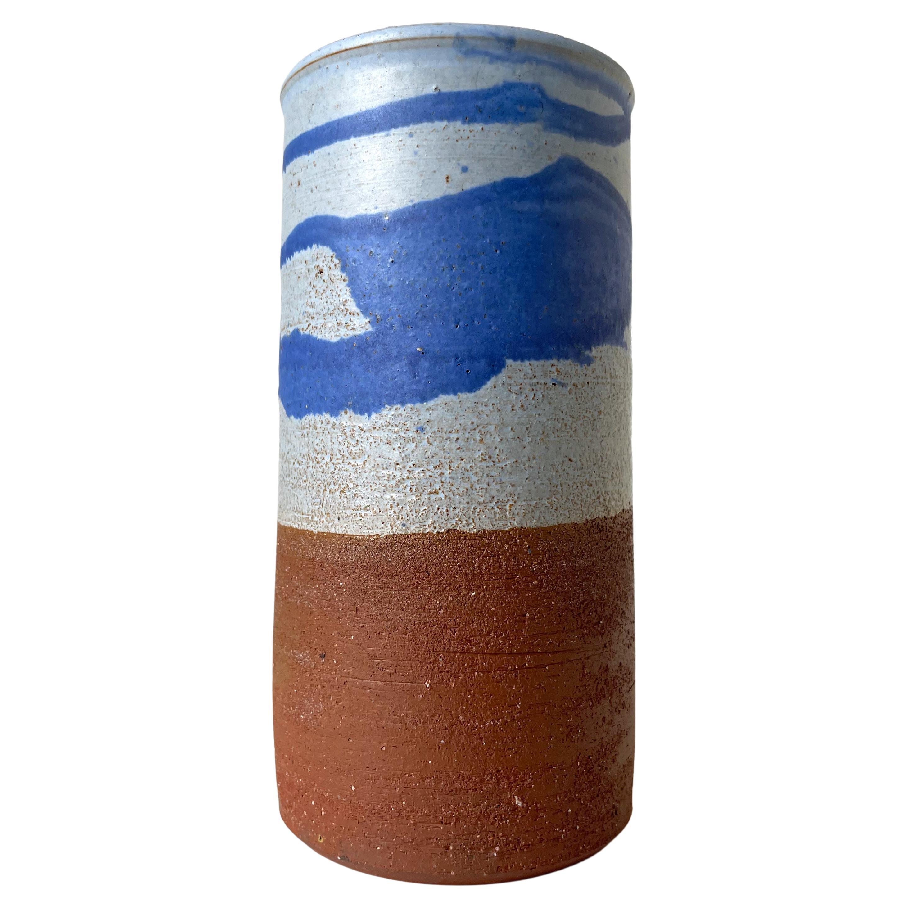 Scandinavian Modern 1960s Blue Splash Decor Ceramic Cylinder Vase For Sale