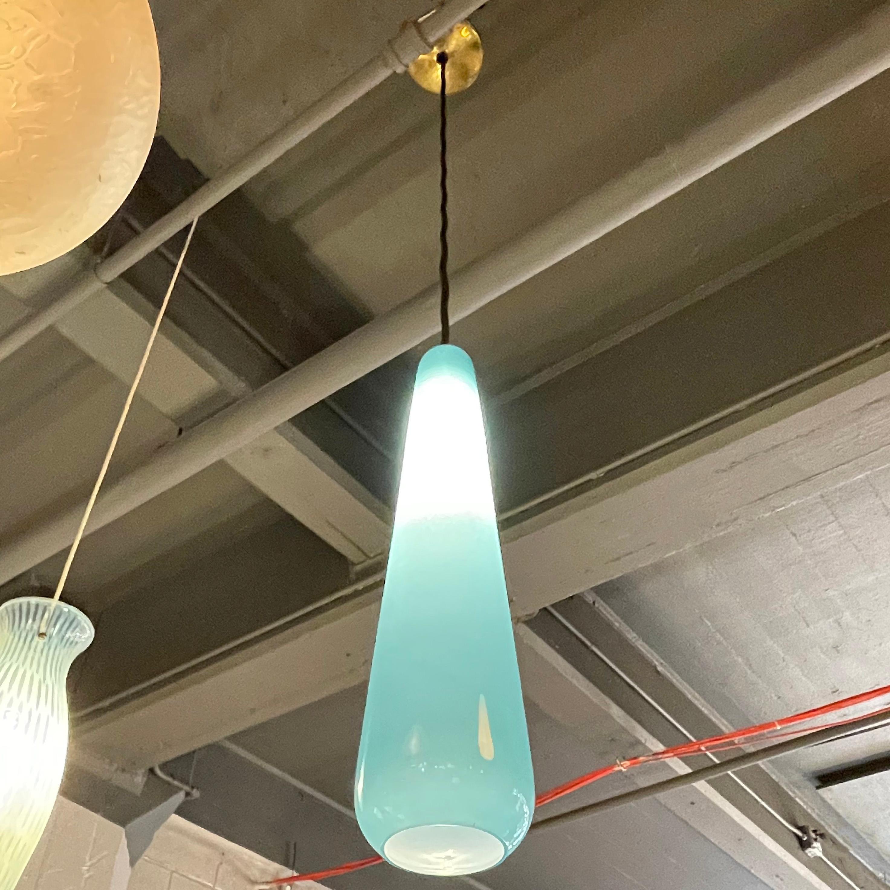 Brass Scandinavian Modern Blue Teardrop Art Glass Pendant Light