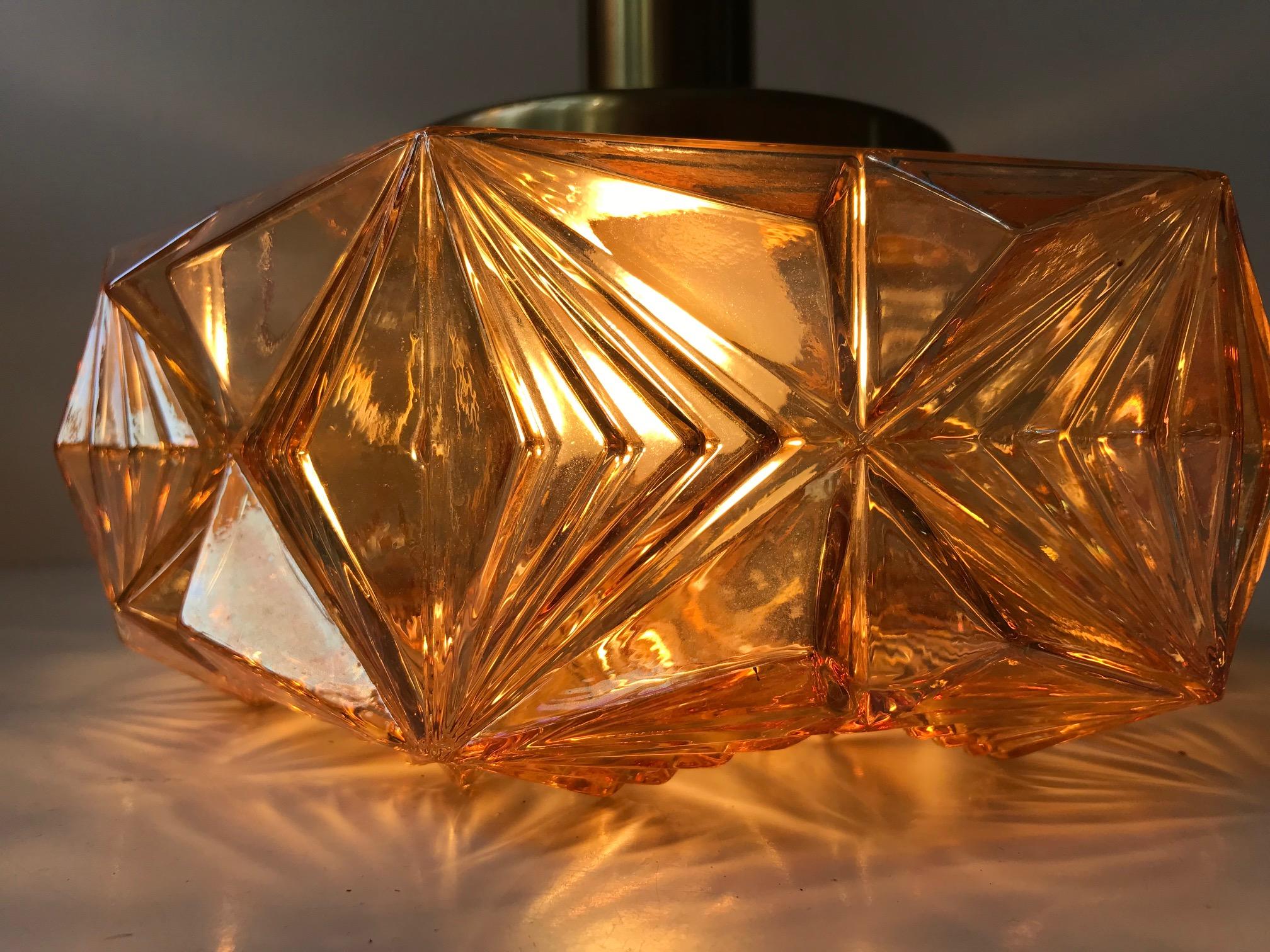 Danish Scandinavian Modern Brass and Amber Glass Ceiling Lamp by Vitrika, 1960s