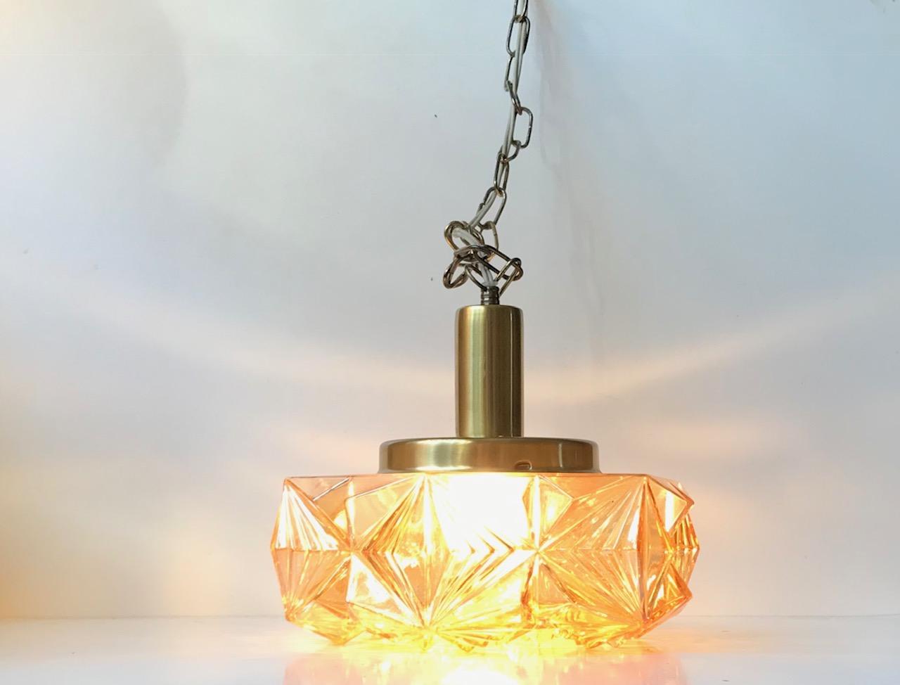 Scandinavian Modern Brass and Amber Glass Ceiling Lamp by Vitrika, 1960s In Good Condition In Esbjerg, DK