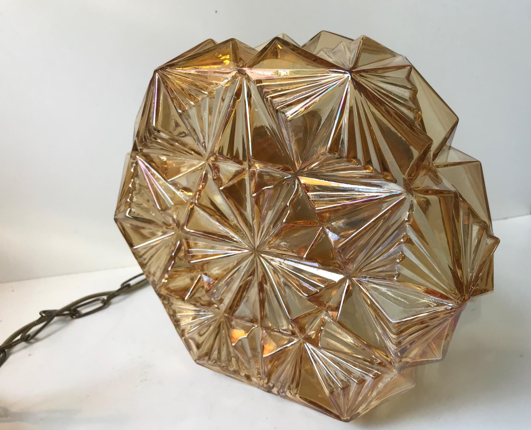 Mid-20th Century Scandinavian Modern Brass and Amber Glass Ceiling Lamp by Vitrika, 1960s