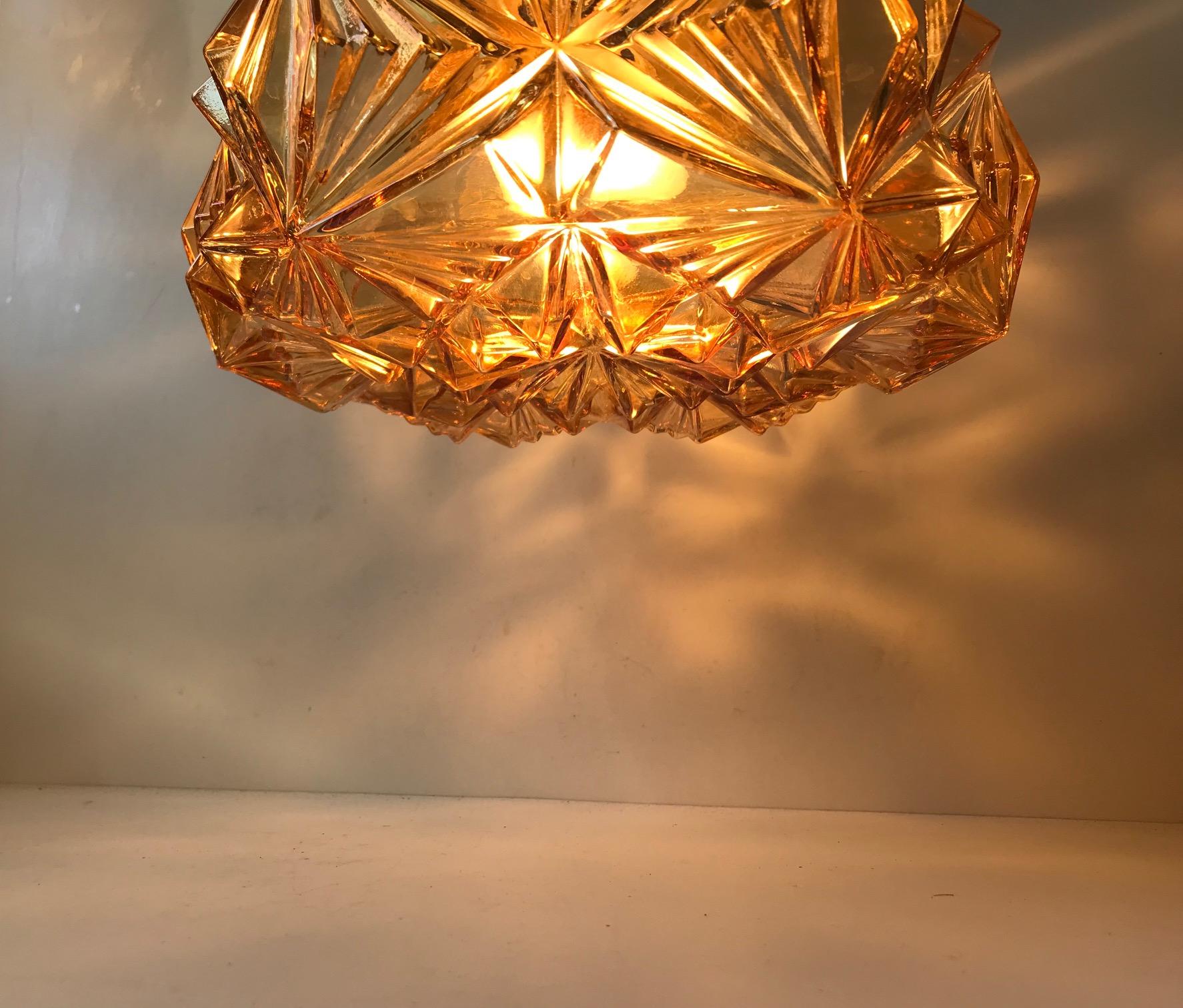 Cut Glass Scandinavian Modern Brass and Amber Glass Ceiling Lamp by Vitrika, 1960s