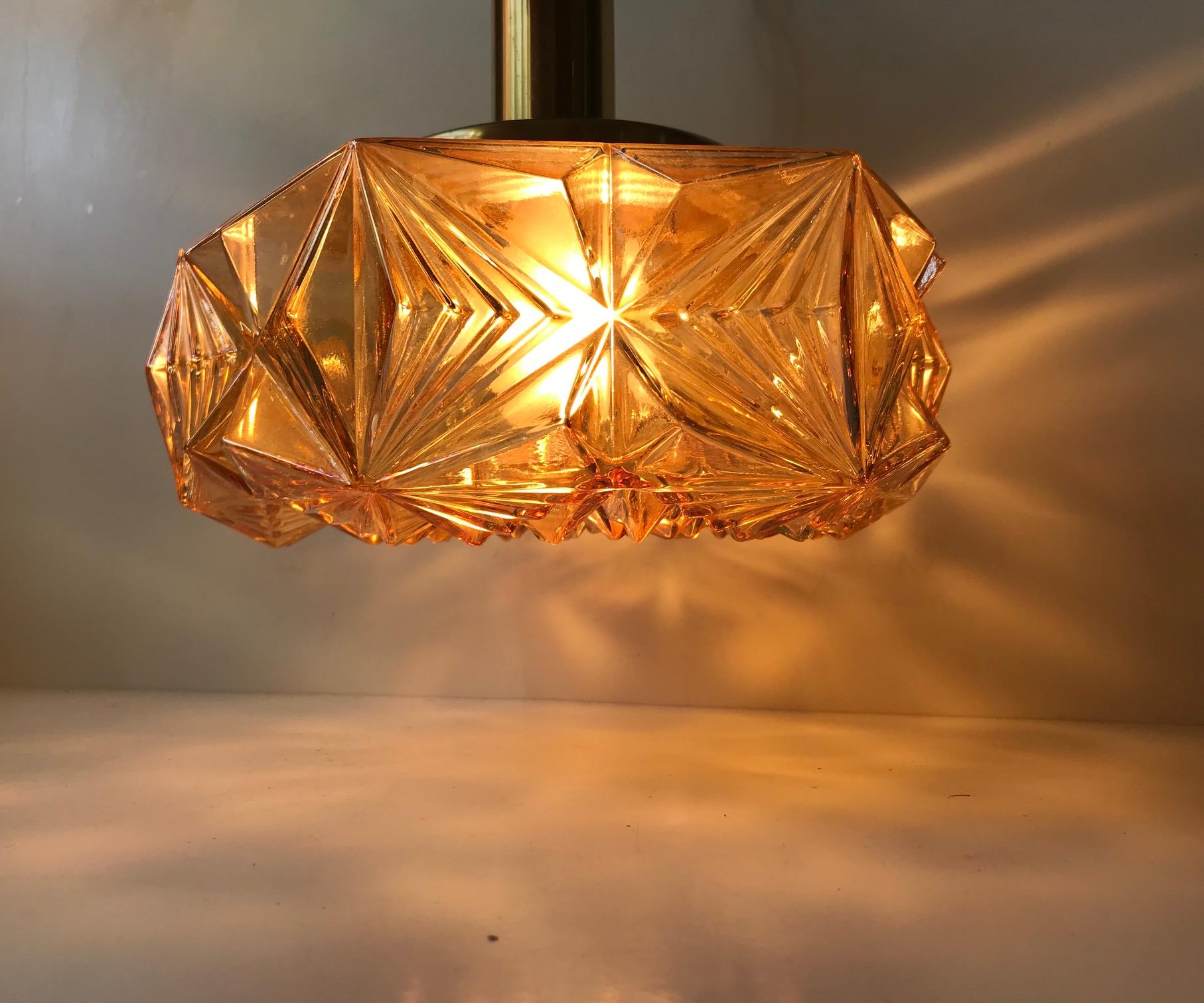 Scandinavian Modern Brass and Amber Glass Ceiling Lamp by Vitrika, 1960s 1