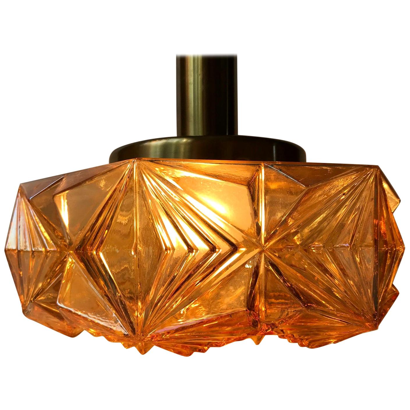 Scandinavian Modern Brass and Amber Glass Ceiling Lamp by Vitrika, 1960s