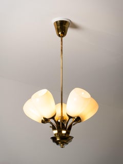 Scandinavian Modern Brass and Glass Chandelier with Botanical Details, Finland
