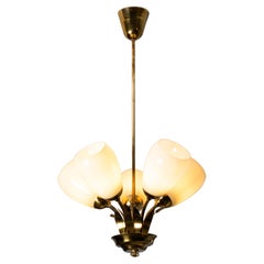 Scandinavian Modern Brass and Glass Chandelier with Botanical Details, Finland