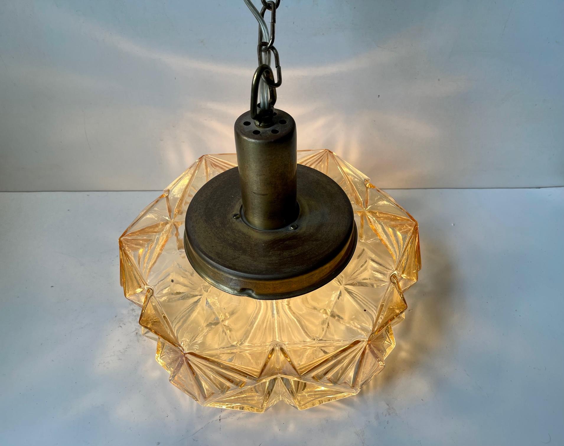 Scandinavian Modern Brass and Honey Glass Ceiling Lamp by Vitrika, 1960s For Sale 5
