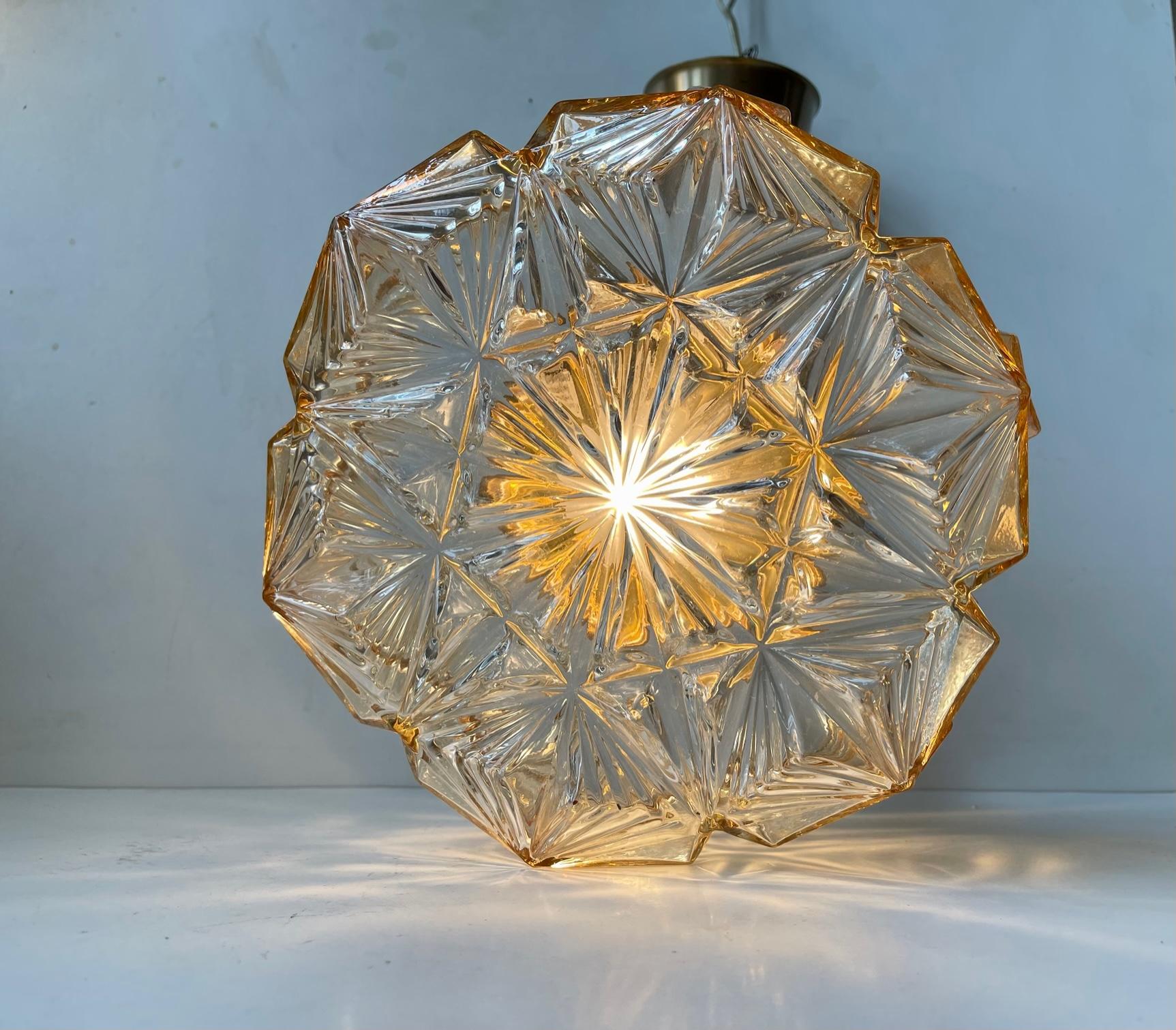 Danish Scandinavian Modern Brass and Honey Glass Ceiling Lamp by Vitrika, 1960s For Sale