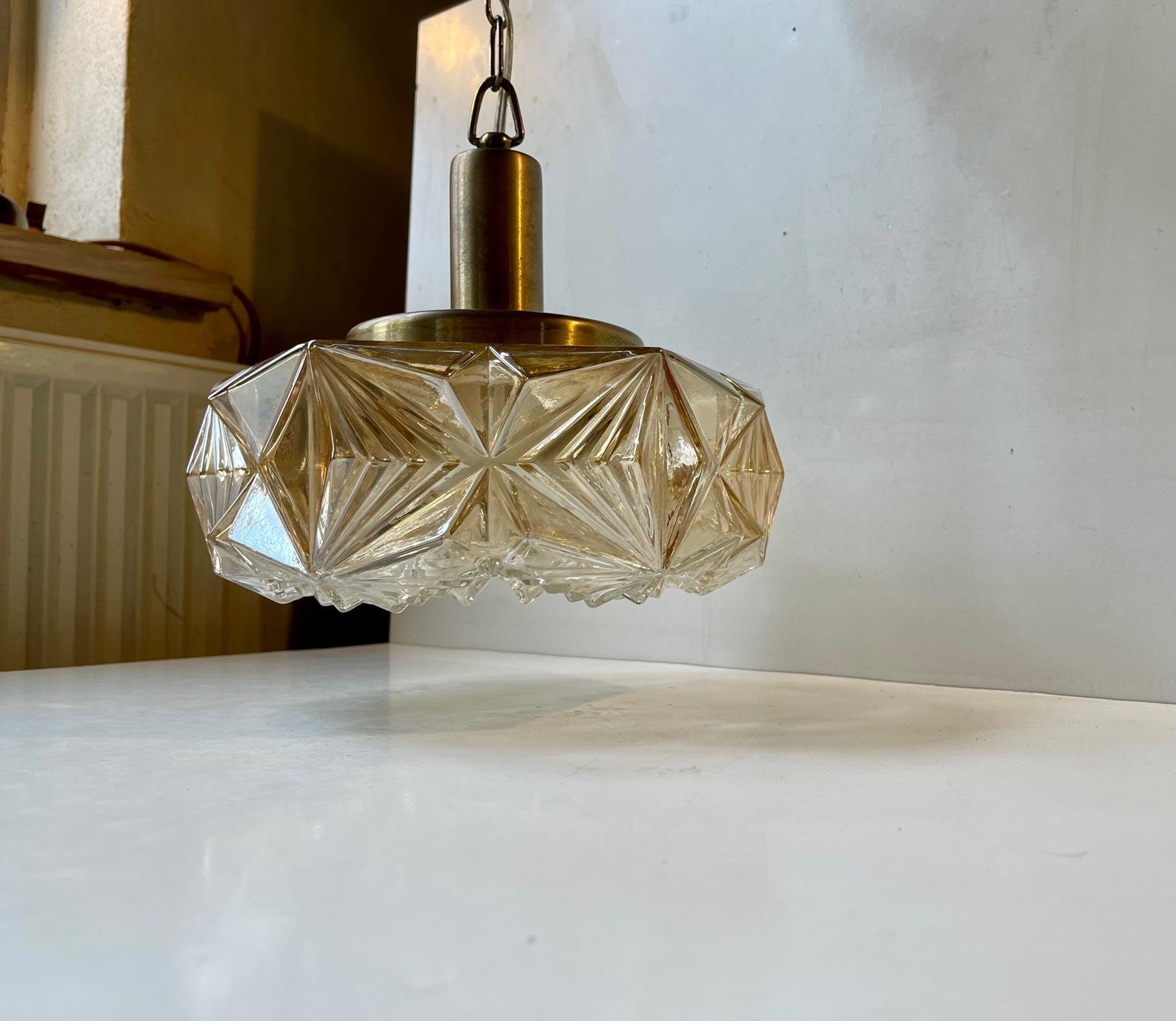 Mid-20th Century Scandinavian Modern Brass and Honey Glass Ceiling Lamp by Vitrika, 1960s For Sale