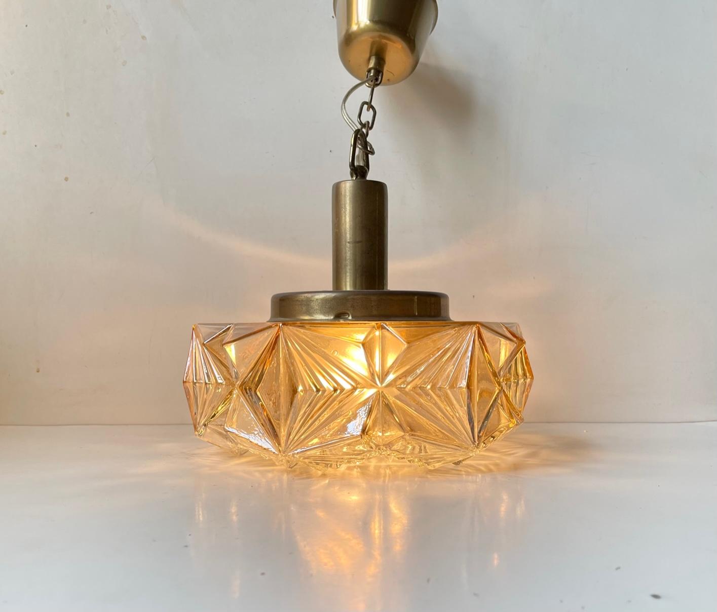 Scandinavian Modern Brass and Honey Glass Ceiling Lamp by Vitrika, 1960s For Sale 1