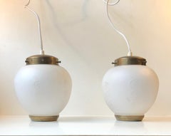 Scandinavian Modern Brass and Opaline Glass Ceiling Lamps, 1950s