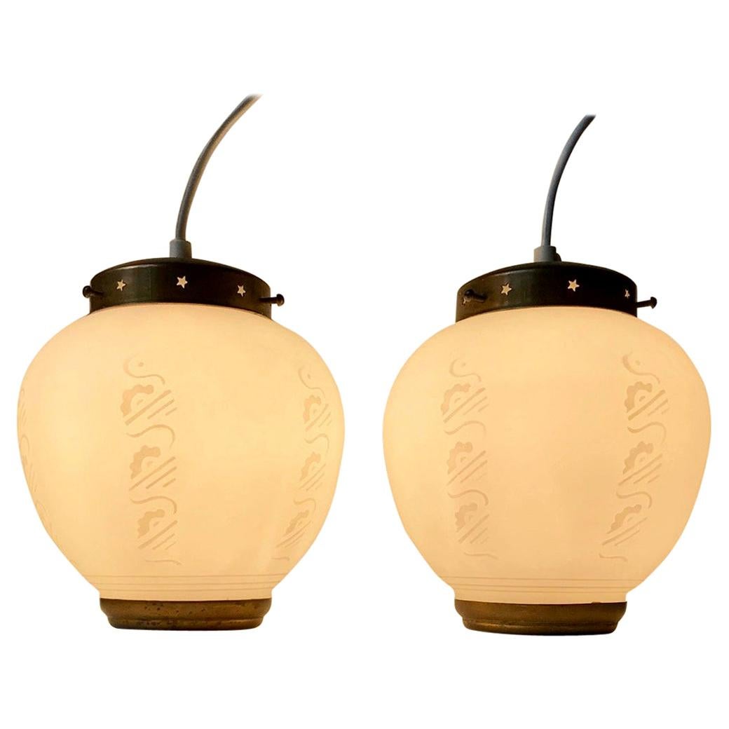 Scandinavian Modern Brass and Opaline Glass Ceiling Lamps, 1950s