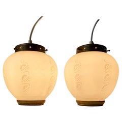 Vintage Scandinavian Modern Brass and Opaline Glass Ceiling Lamps, 1950s