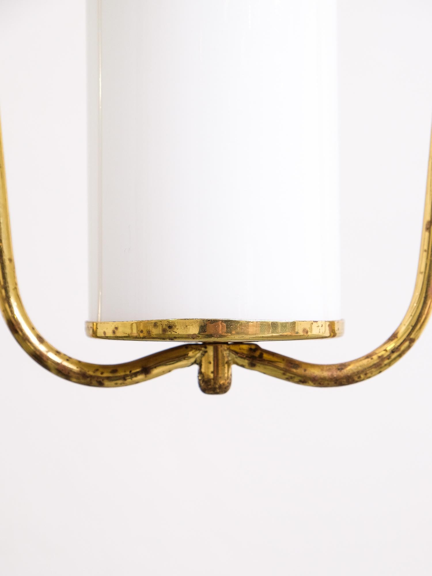 Scandinavian Modern Brass and Opaline Glass Pendant Lamp by Valinte, 1950s In Good Condition In Helsinki, FI
