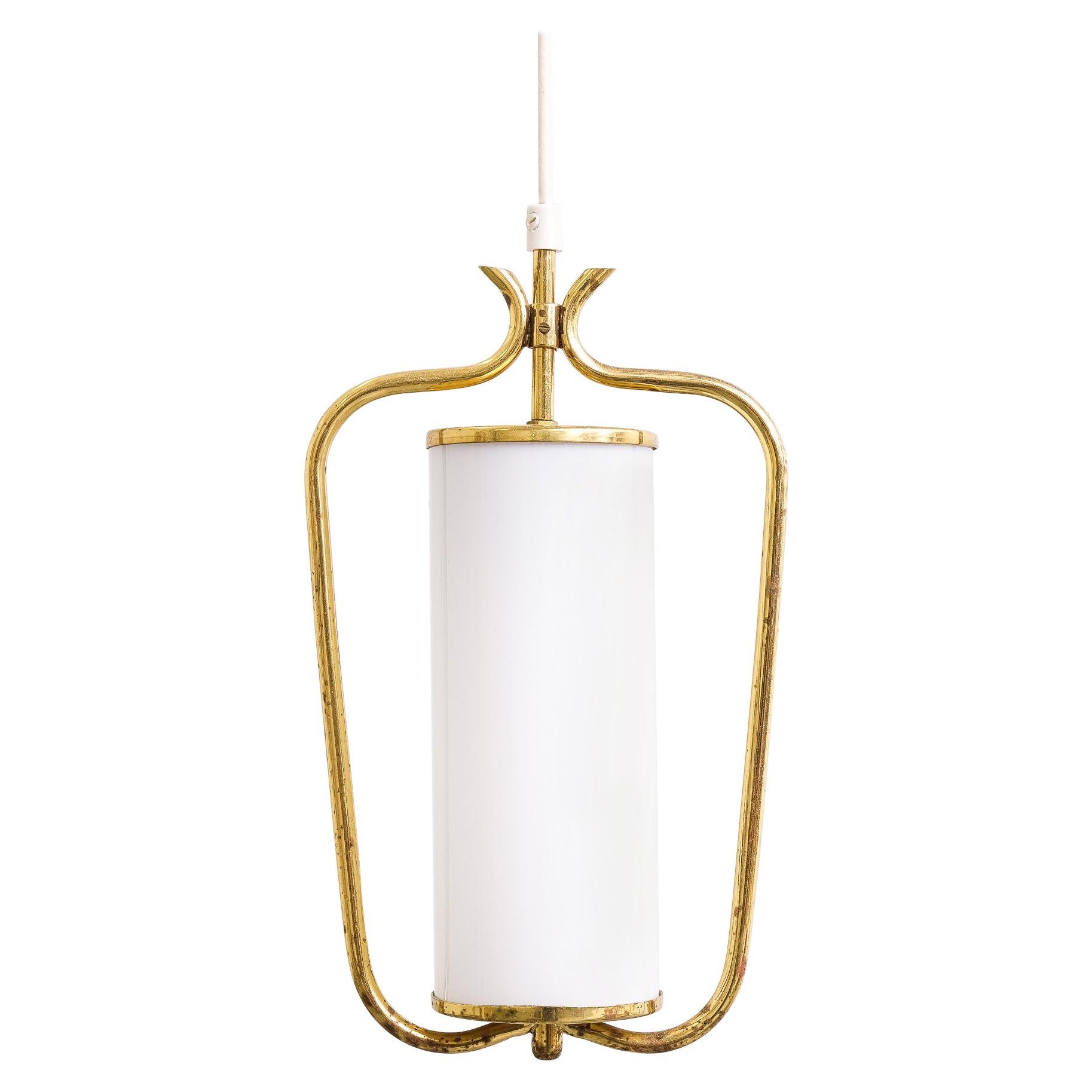 Scandinavian Modern Brass and Opaline Glass Pendant Lamp by Valinte, 1950s