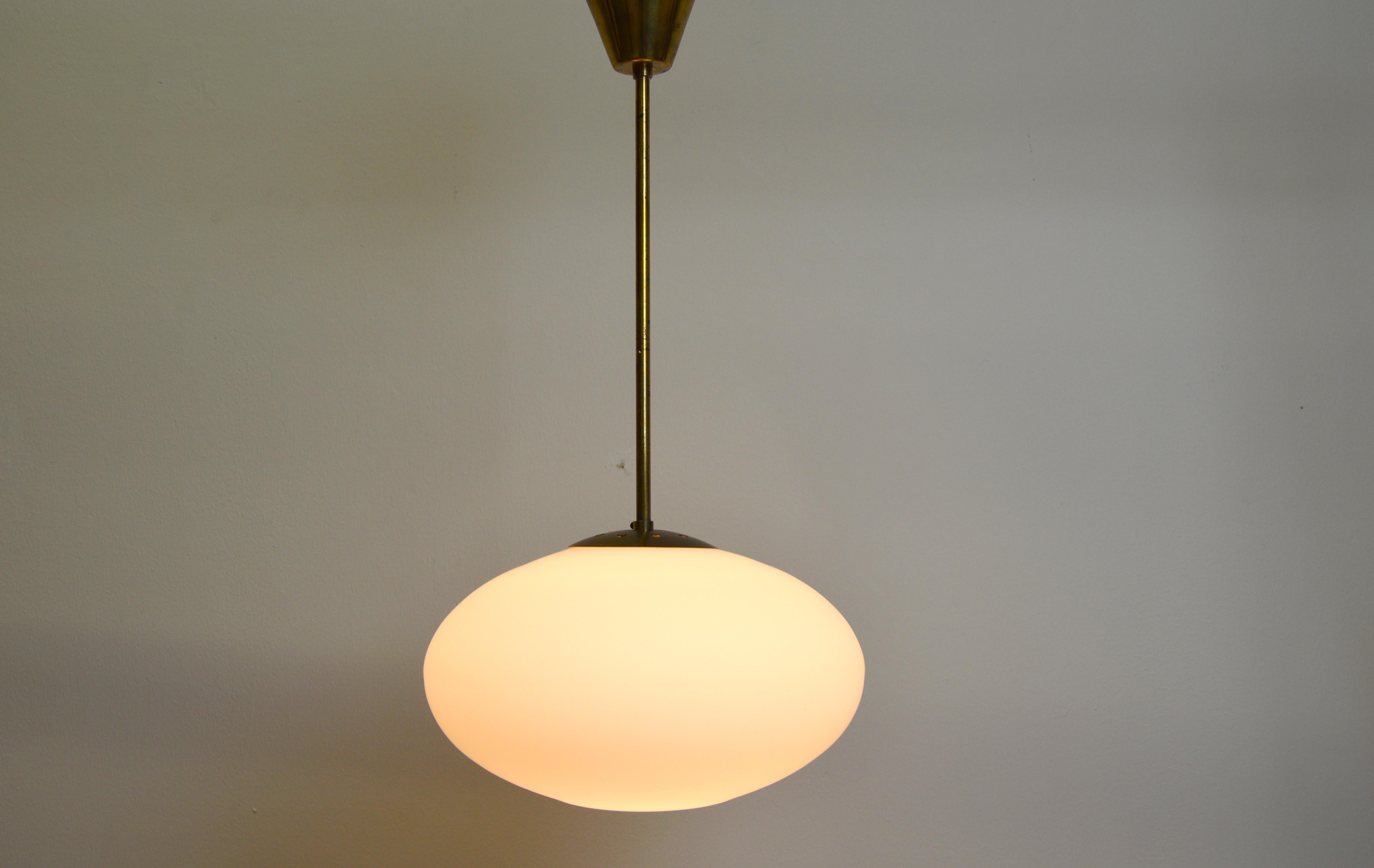 Swedish Scandinavian Modern Brass and Opaline Glass Pendant Lamp For Sale