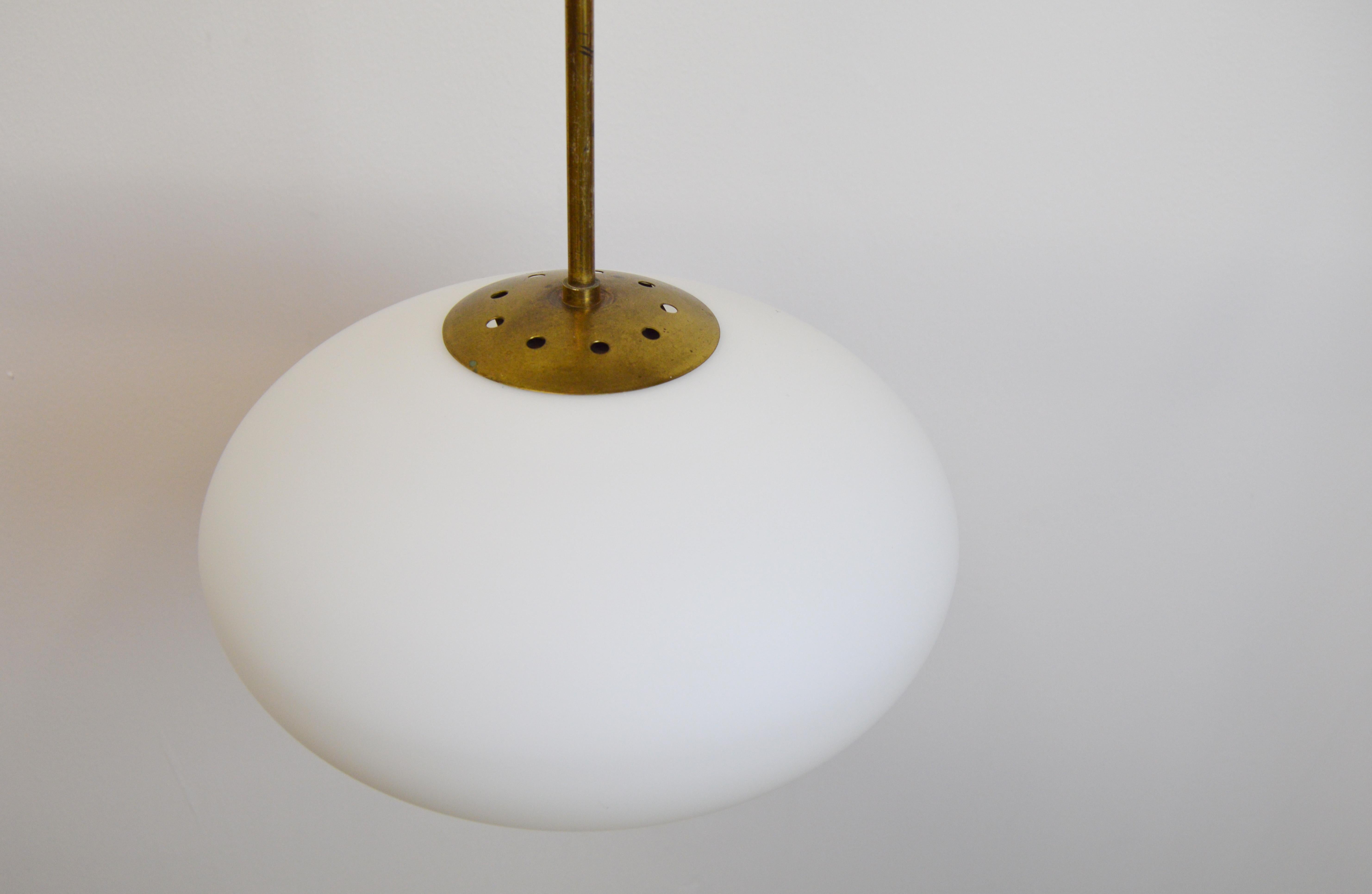 Scandinavian Modern Brass and Opaline Glass Pendant Lamp For Sale 1