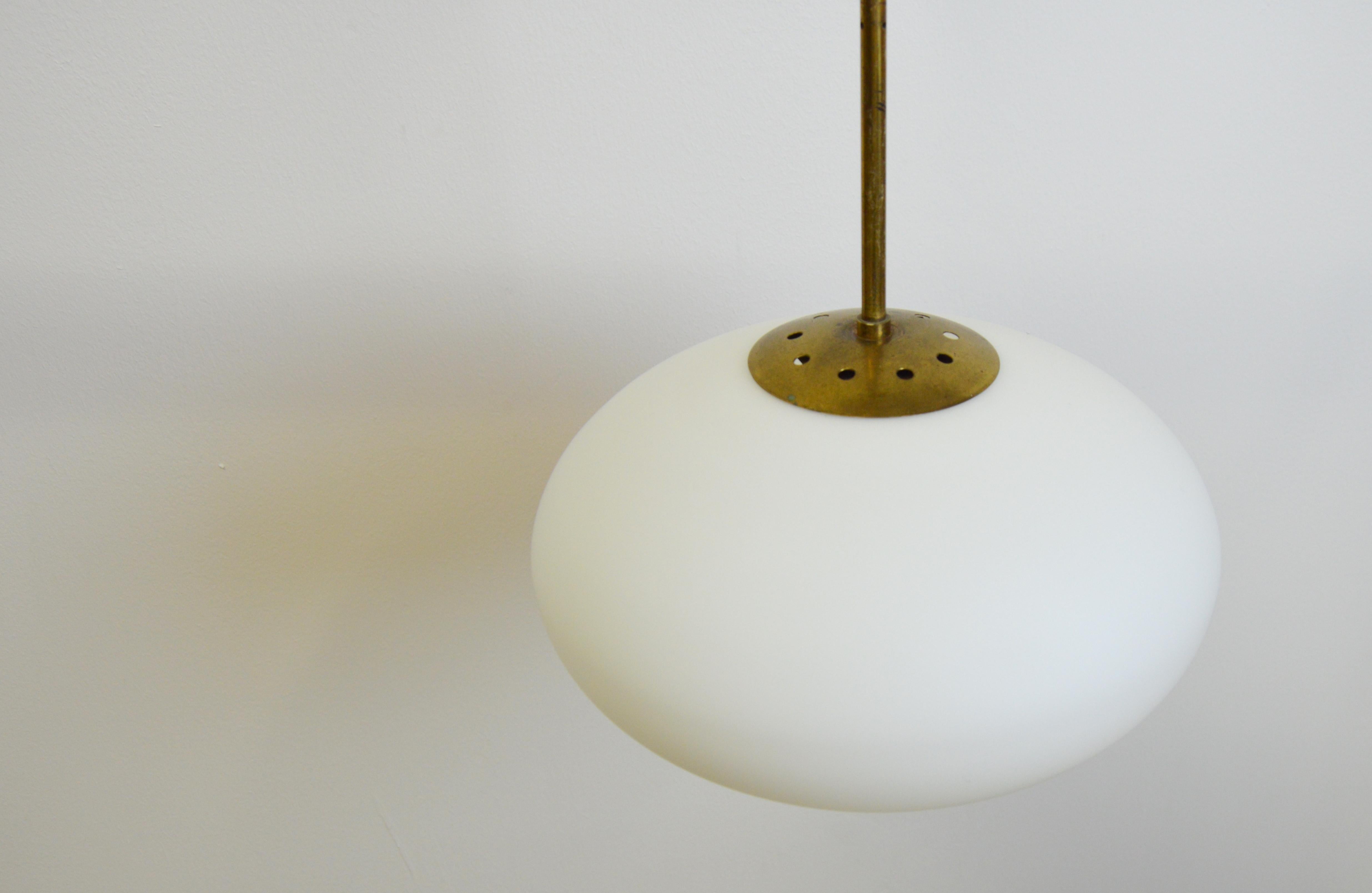 Scandinavian Modern Brass and Opaline Glass Pendant Lamp For Sale 2