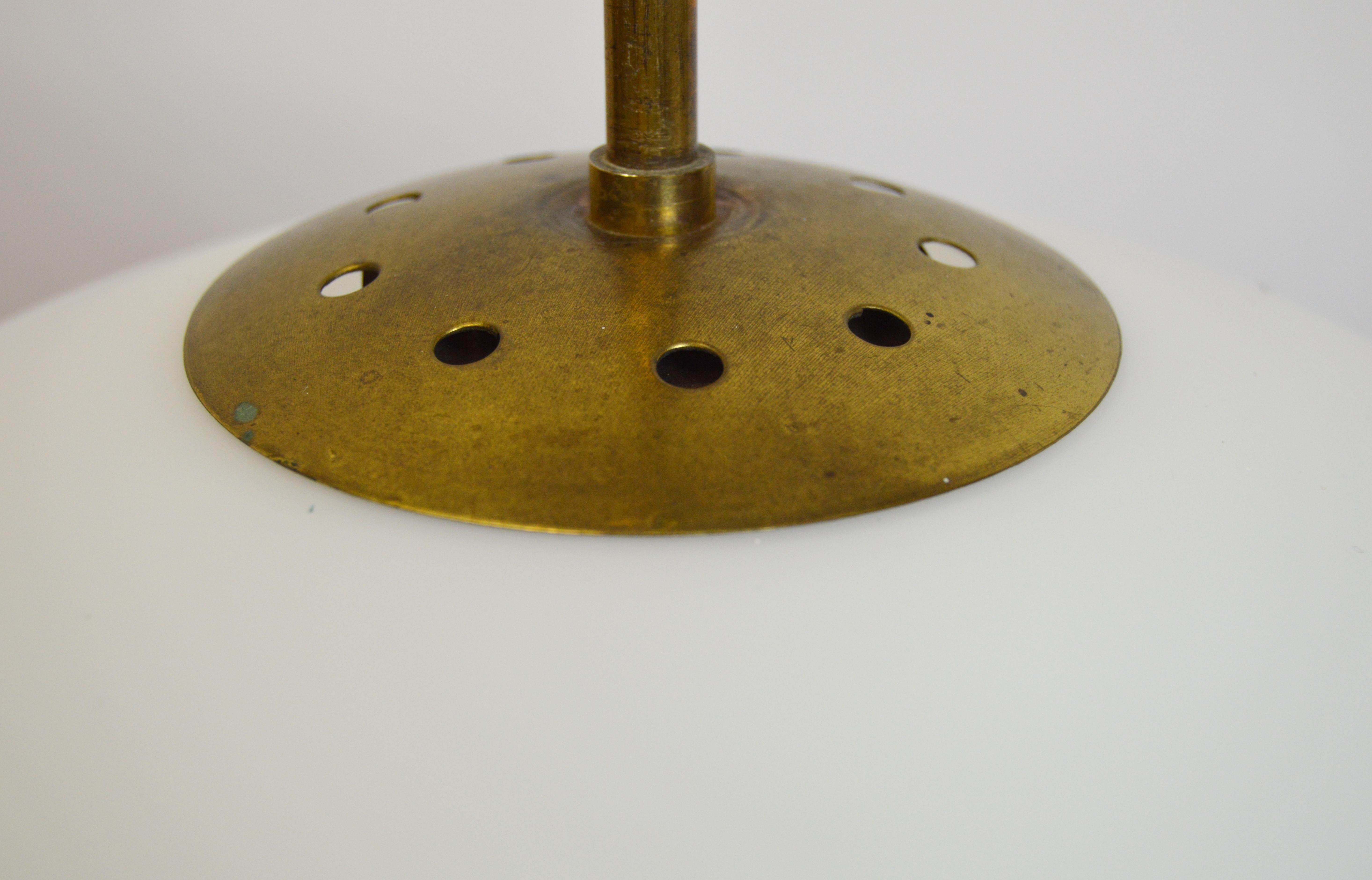Scandinavian Modern Brass and Opaline Glass Pendant Lamp For Sale 3