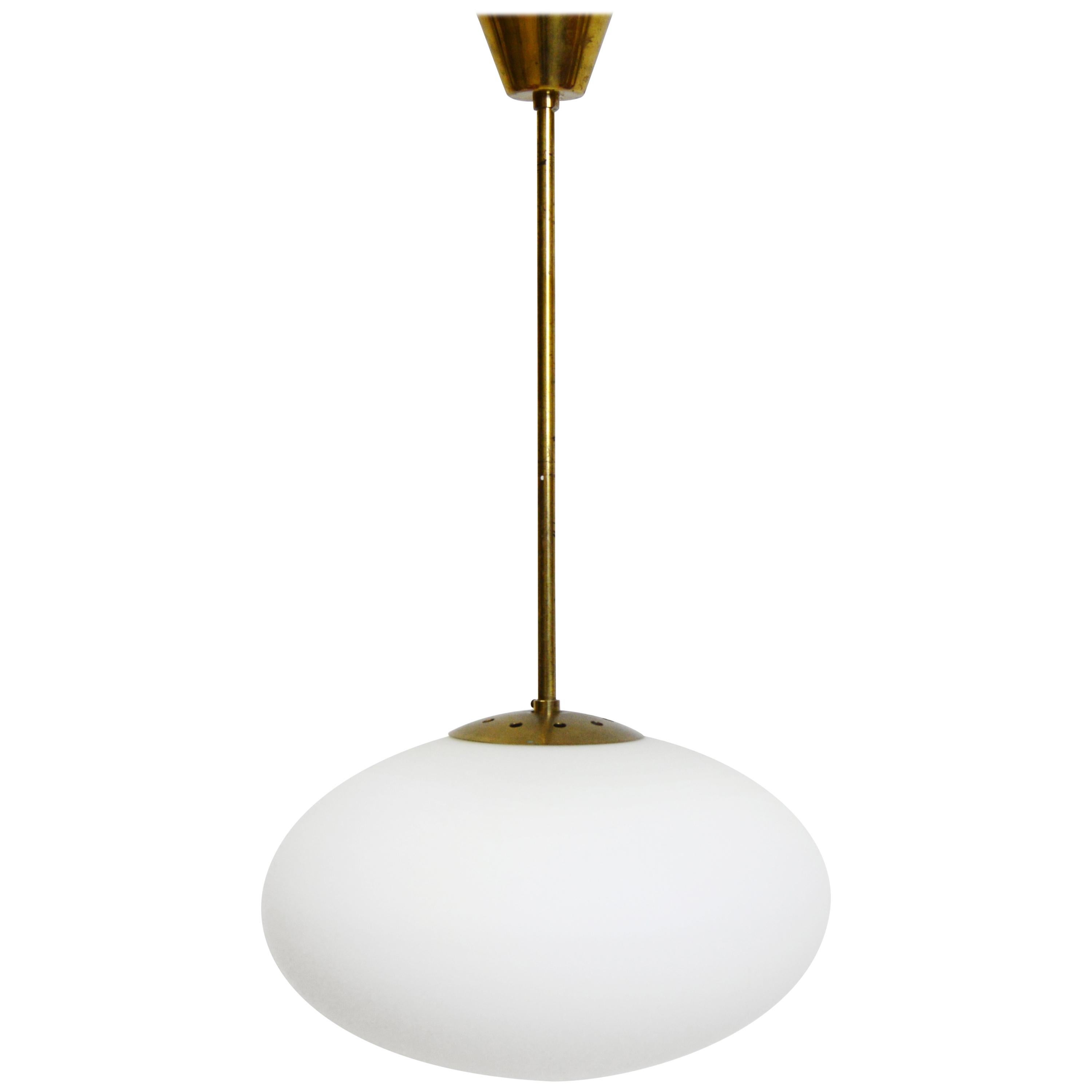 Scandinavian Modern Brass and Opaline Glass Pendant Lamp For Sale