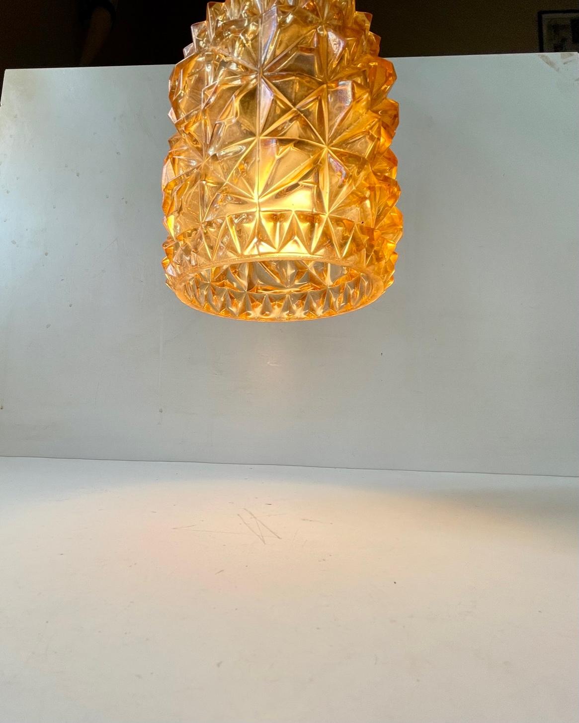 Aluminum Scandinavian Modern Brass & Honey Glass Pendant Lamp, 1960s For Sale