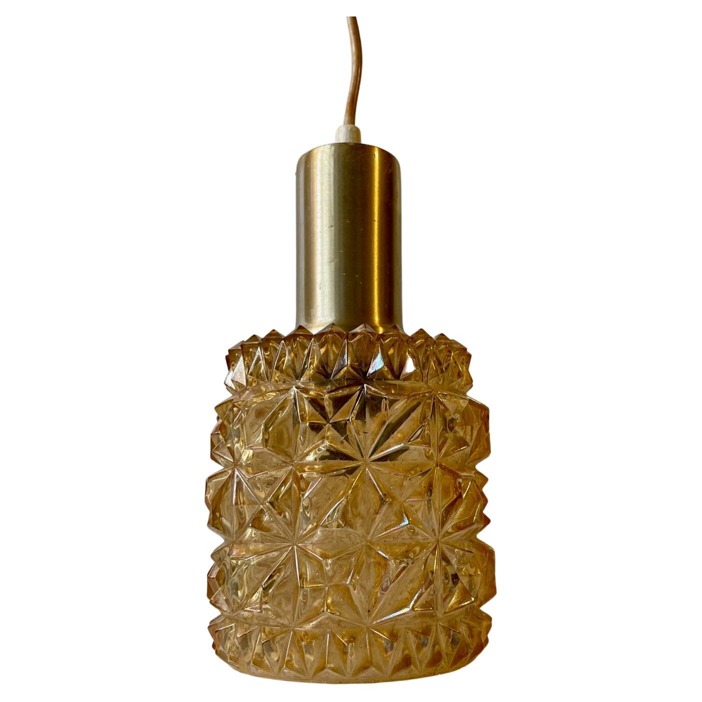 Scandinavian Modern Brass & Honey Glass Pendant Lamp, 1960s For Sale