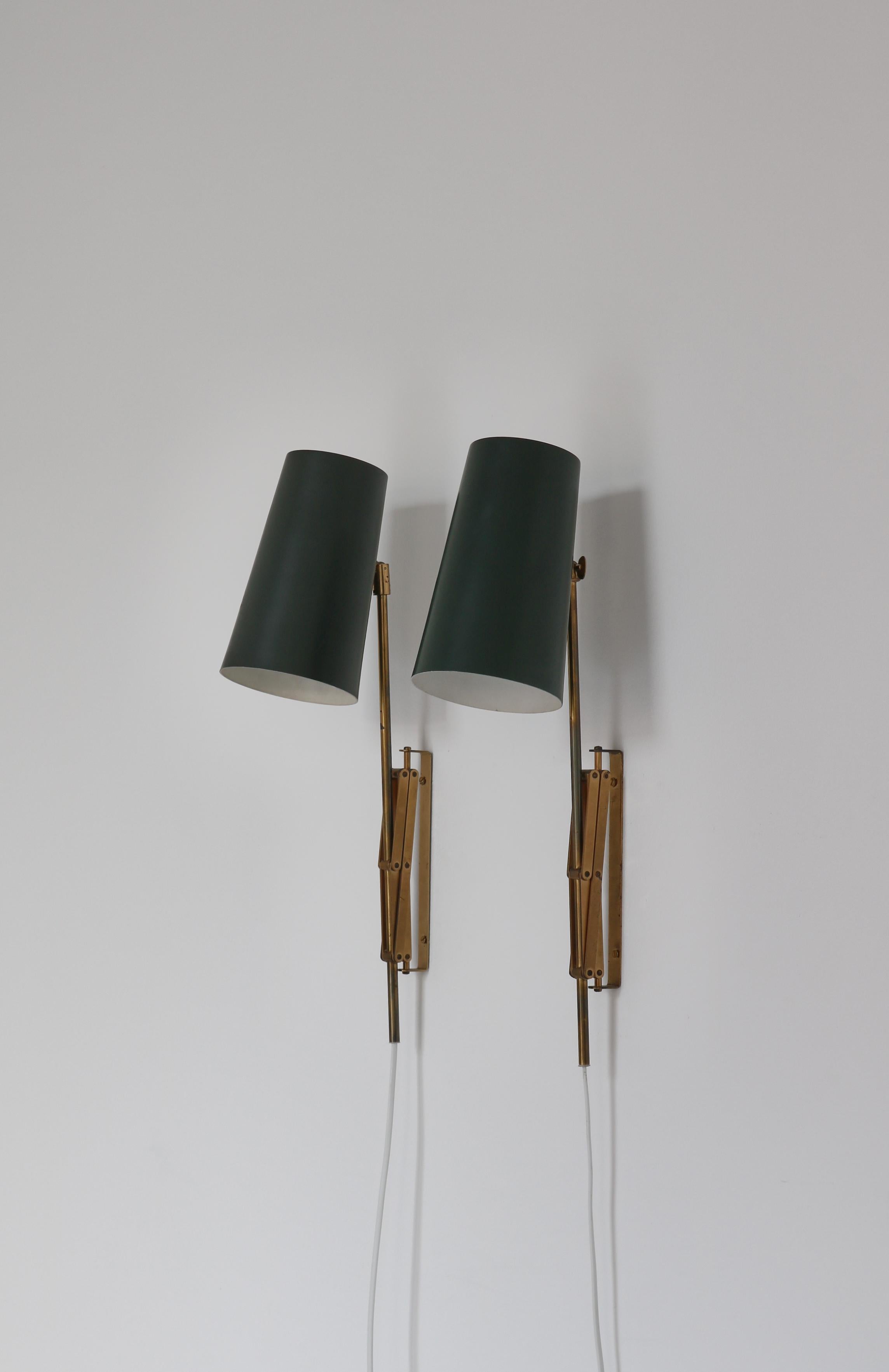 Scandinavian Modern Brass Wall Lamps w. Green Shades by T.H. Valentiner, 1960s For Sale 13