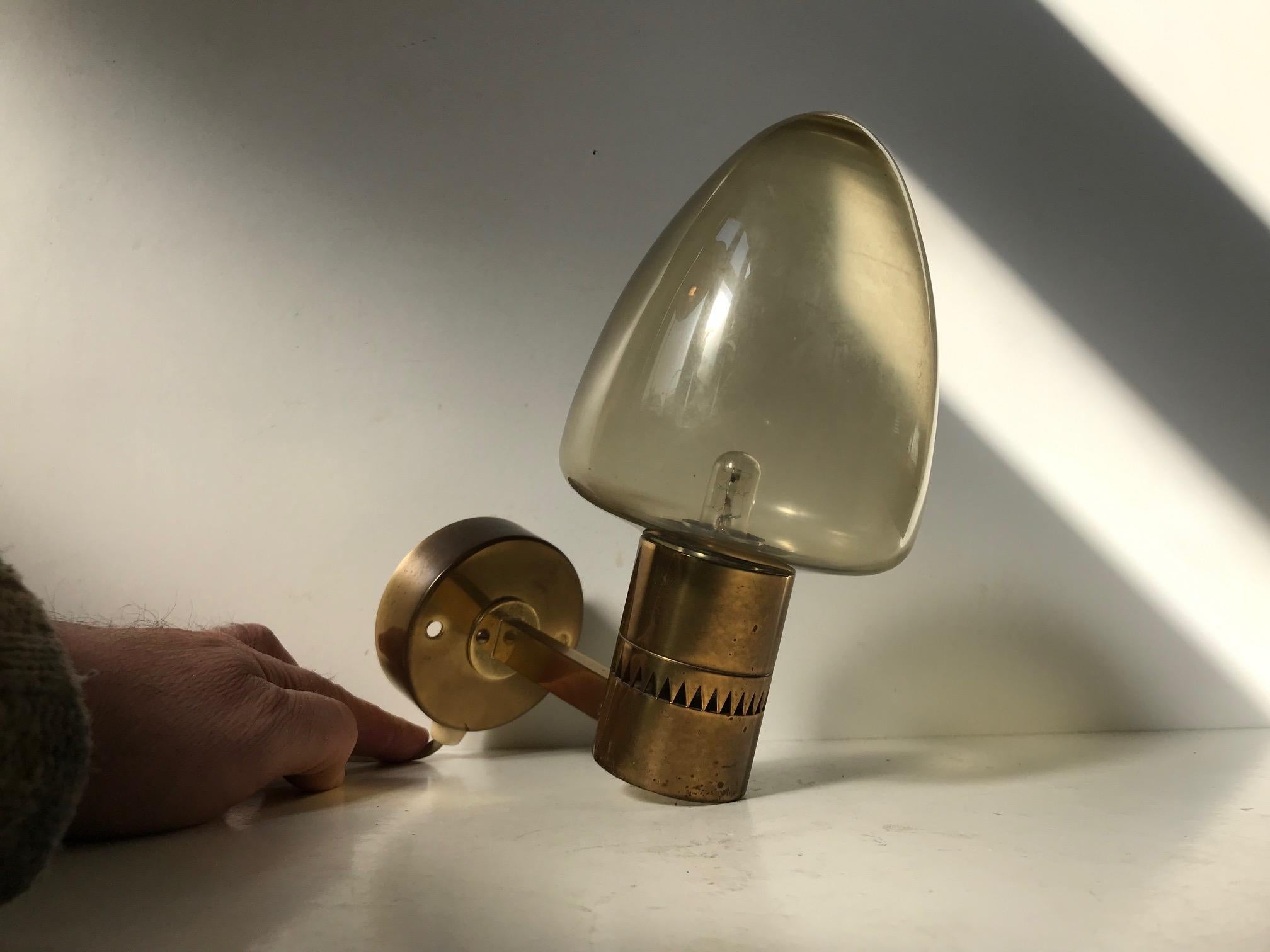 Mid-Century Modern Scandinavian Modern Brass & Smoked Glass Sconce by Hans Agne Jakobsson, 1960s For Sale