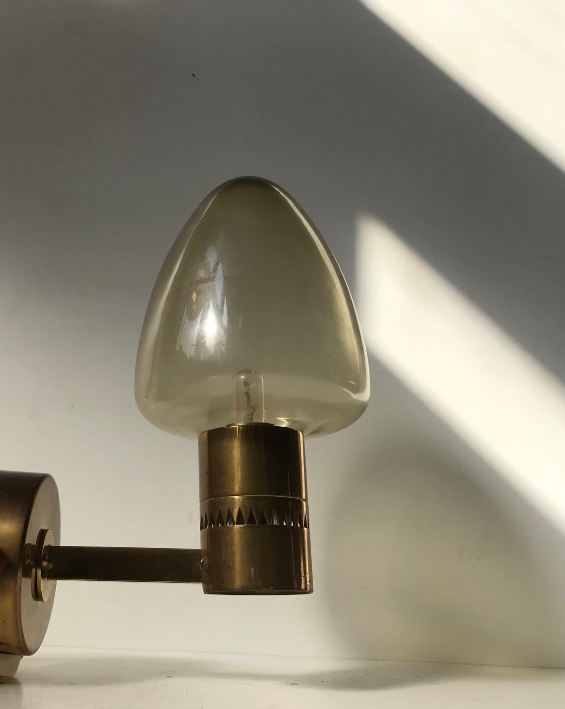 Swedish Scandinavian Modern Brass & Smoked Glass Sconce by Hans Agne Jakobsson, 1960s For Sale