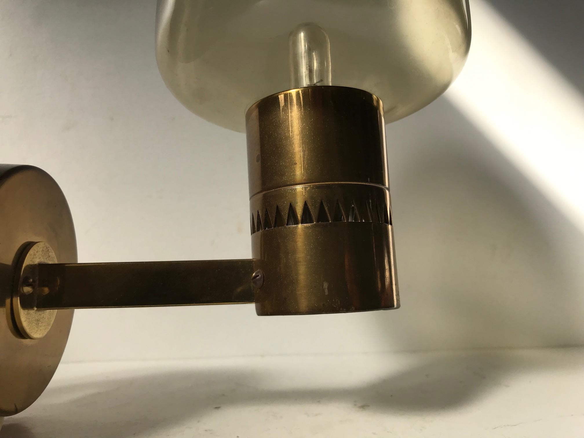 Scandinavian Modern Brass & Smoked Glass Sconce by Hans Agne Jakobsson, 1960s In Good Condition For Sale In Esbjerg, DK