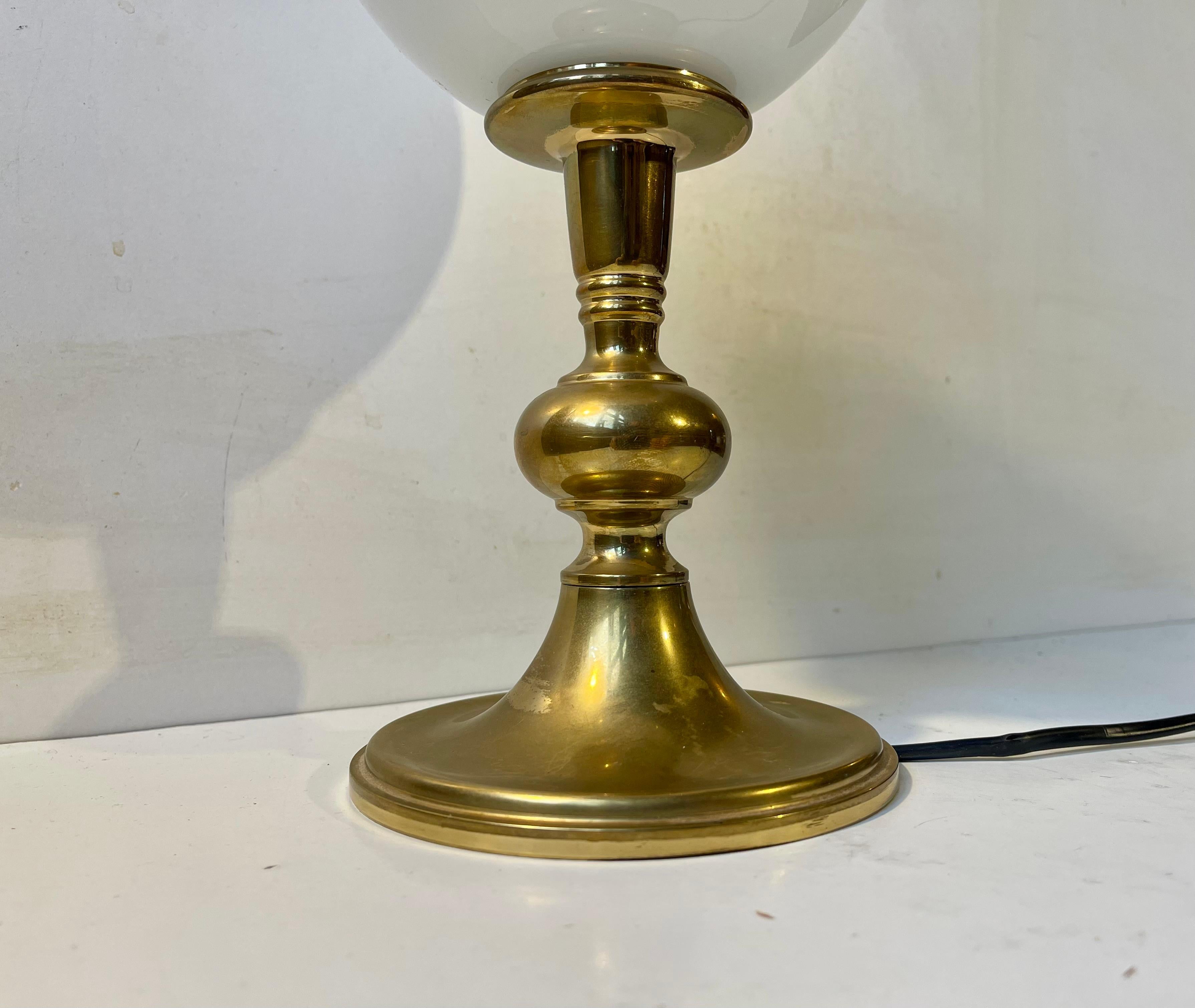 Late 20th Century Scandinavian Modern Brass Table Lamp with White Opaline Glass Sphere For Sale