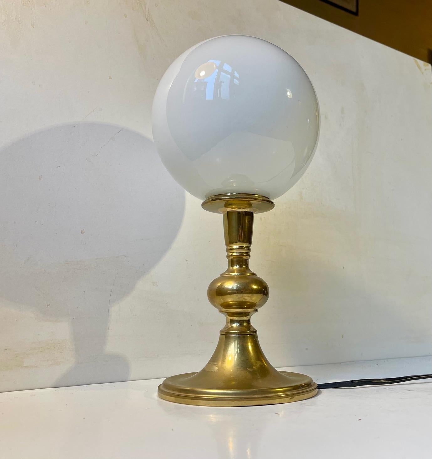 Scandinavian Modern Brass Table Lamp with White Opaline Glass Sphere For Sale 1