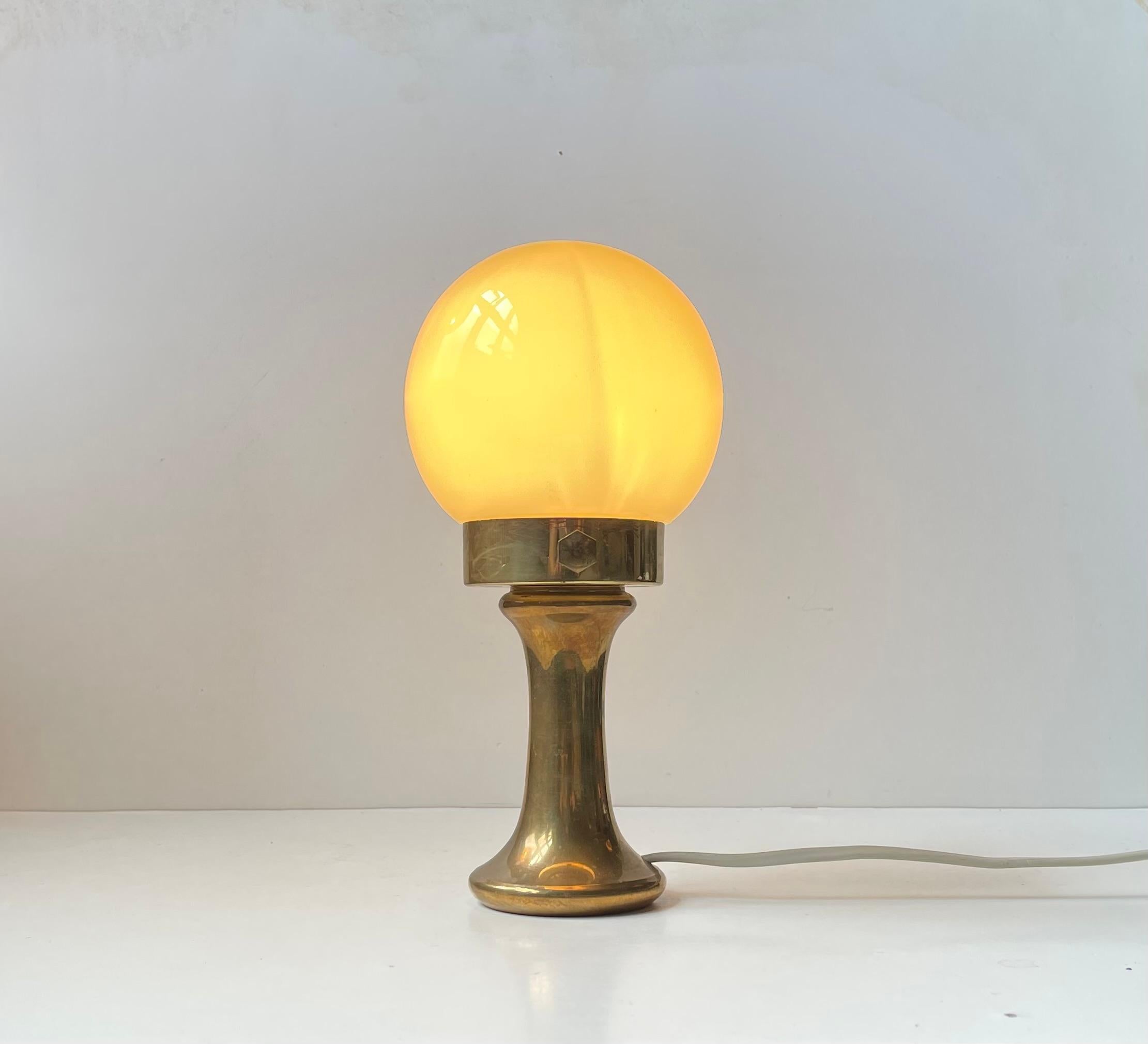 Mid-Century Modern Scandinavian Modern Brass Table Lamp with Yellow Opaline Glass Shade For Sale