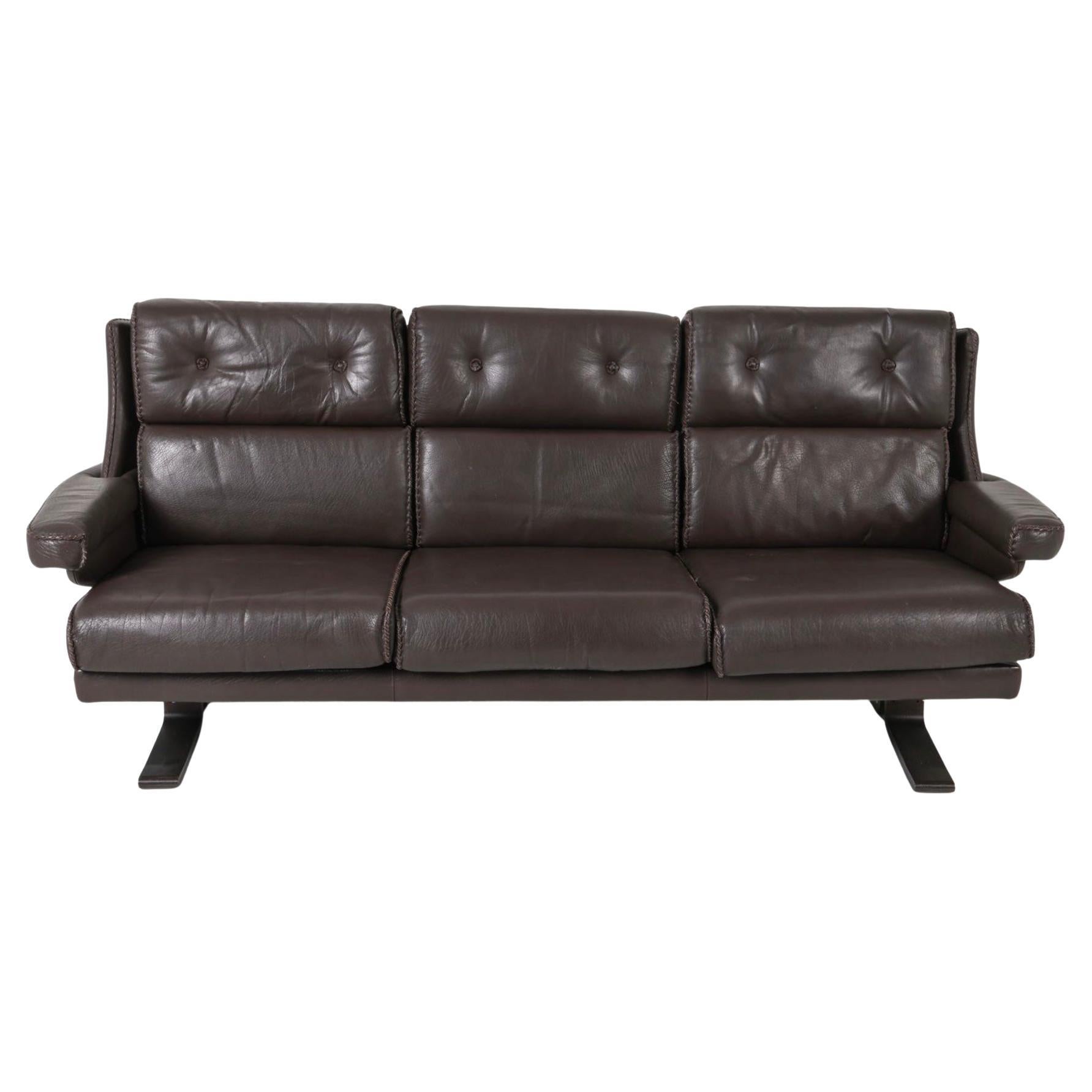 Scandinavian modern Brown leather 3 seat sofa style of Arne Norell Sweden