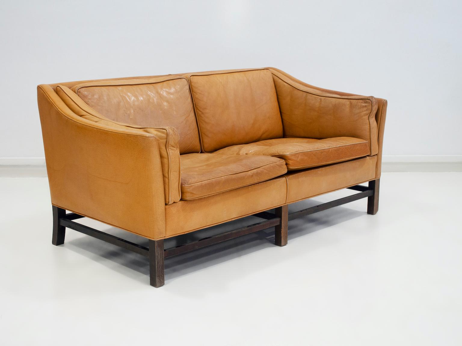 Danish Scandinavian Modern Brown Leather Two Seat Sofa