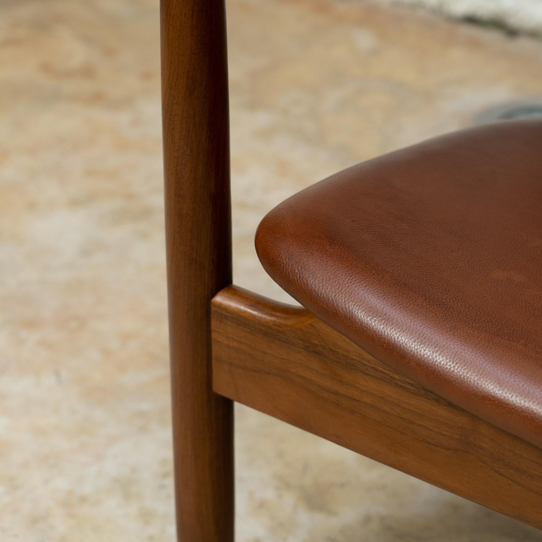 Scandinavian Modern Brown Leather Wood Armchair For Sale 7