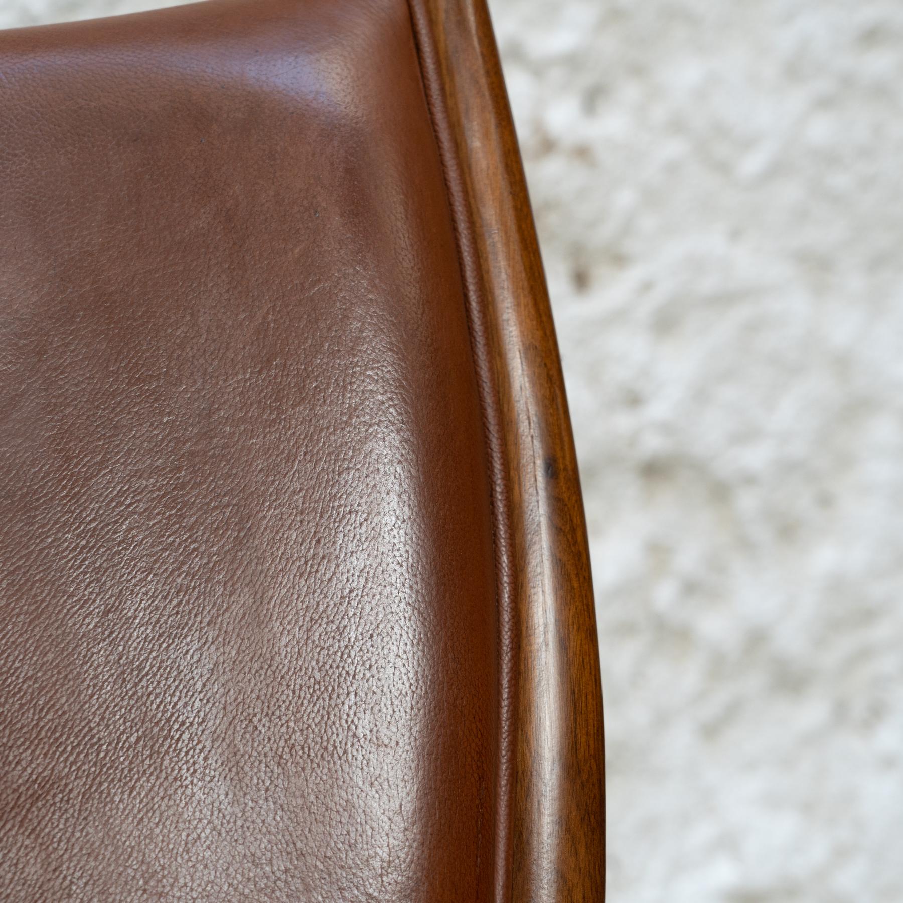 Scandinavian Modern Brown Leather Wood Armchair For Sale 8