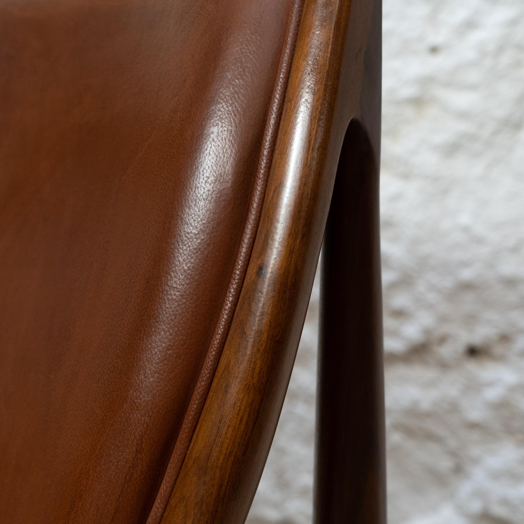 Scandinavian Modern Brown Leather Wood Armchair For Sale 9