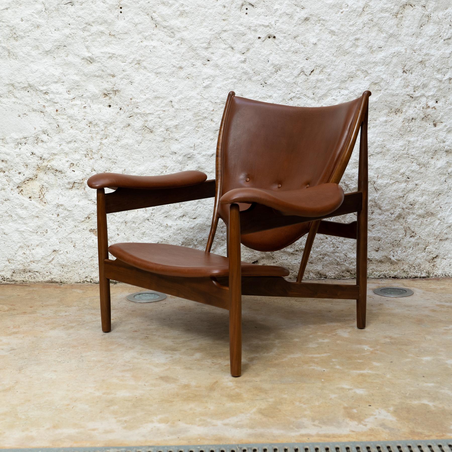 Danish Scandinavian Modern Brown Leather Wood Armchair For Sale