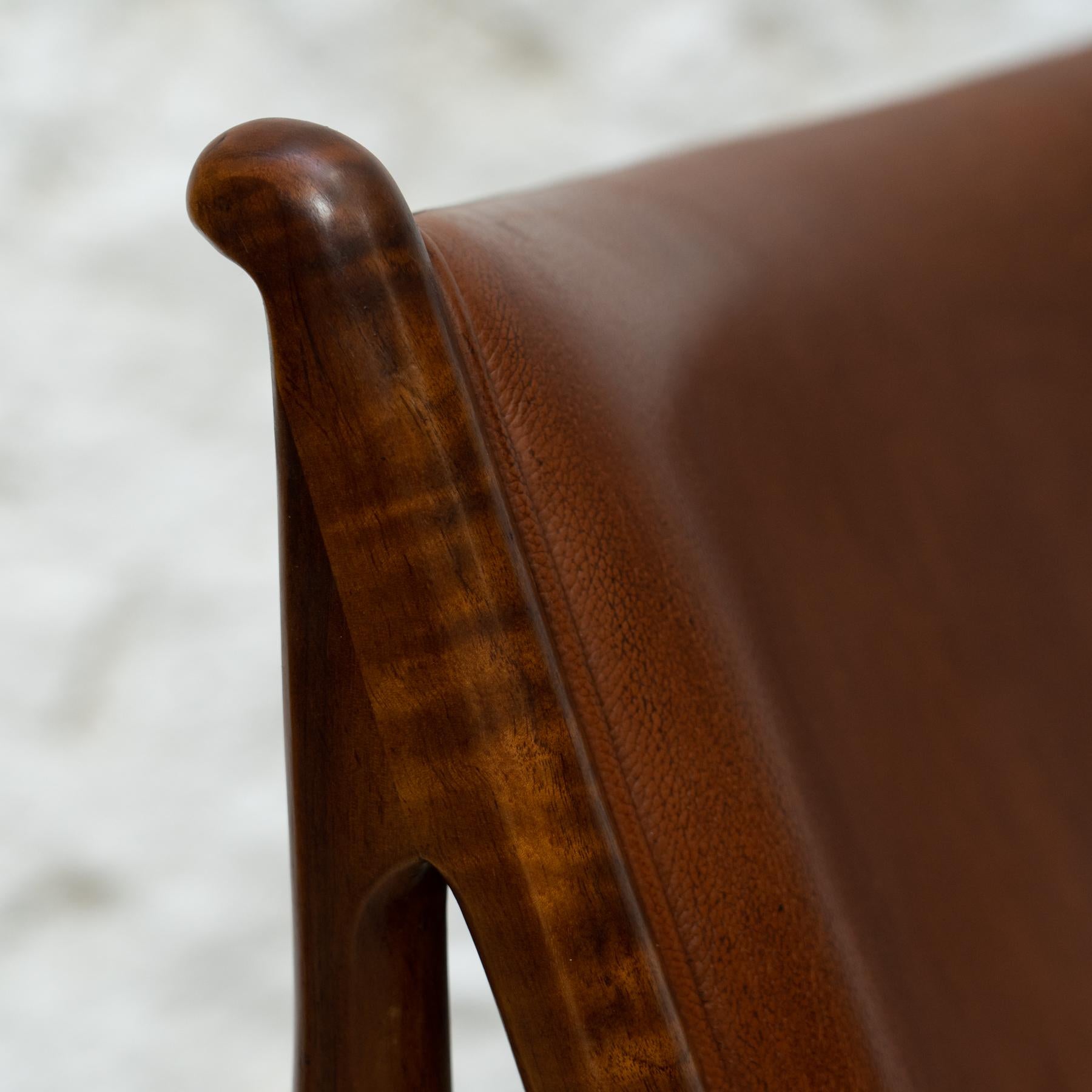 Scandinavian Modern Brown Leather Wood Armchair For Sale 3