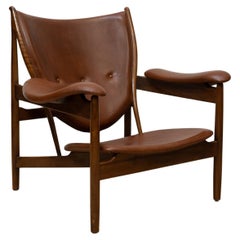 Scandinavian Modern Brown Leather Wood Armchair