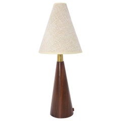 Scandinavian Modern Brown Teak White Canvas Table Lamp, Denmark, circa 1960