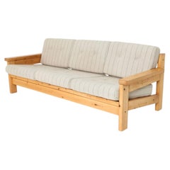 Scandinavian modern brutalist pine 3 seat stripe woven wool sofa made in Sweden