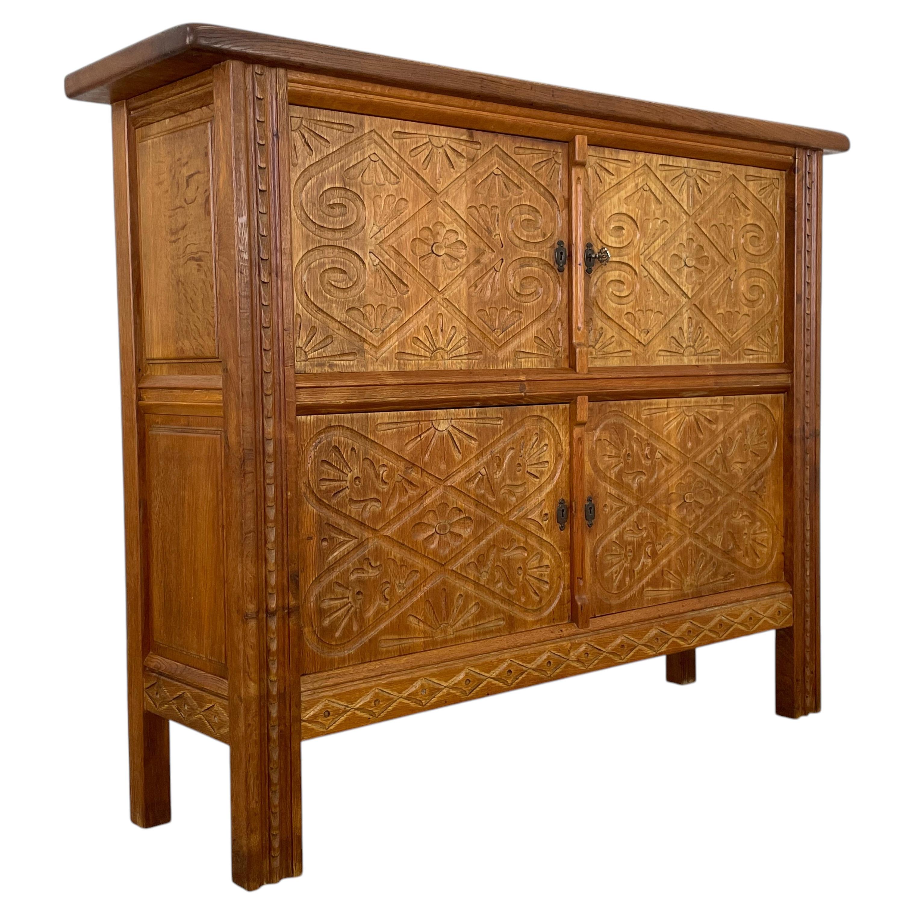 Scandinavian Modern Cabinet in Oak, Hand-Carved by a Danish Cabinetmaker, 1950s